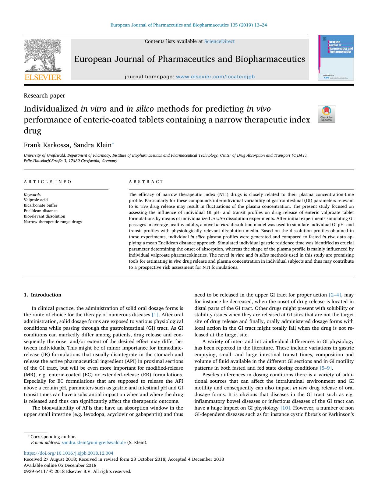 Individualized in vitro and in silico methods for predicting in vivo performance of enteric-coated tablets containing a narrow therapeutic index drug by Frank Karkossa