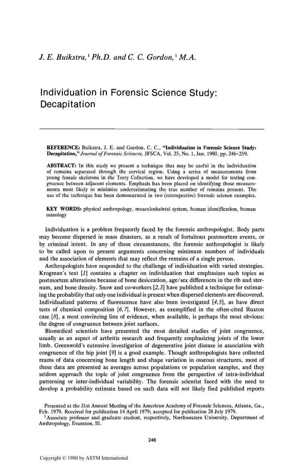 Individuation in Forensic Science Study: Decapitation by Buikstra JE Gordon CC