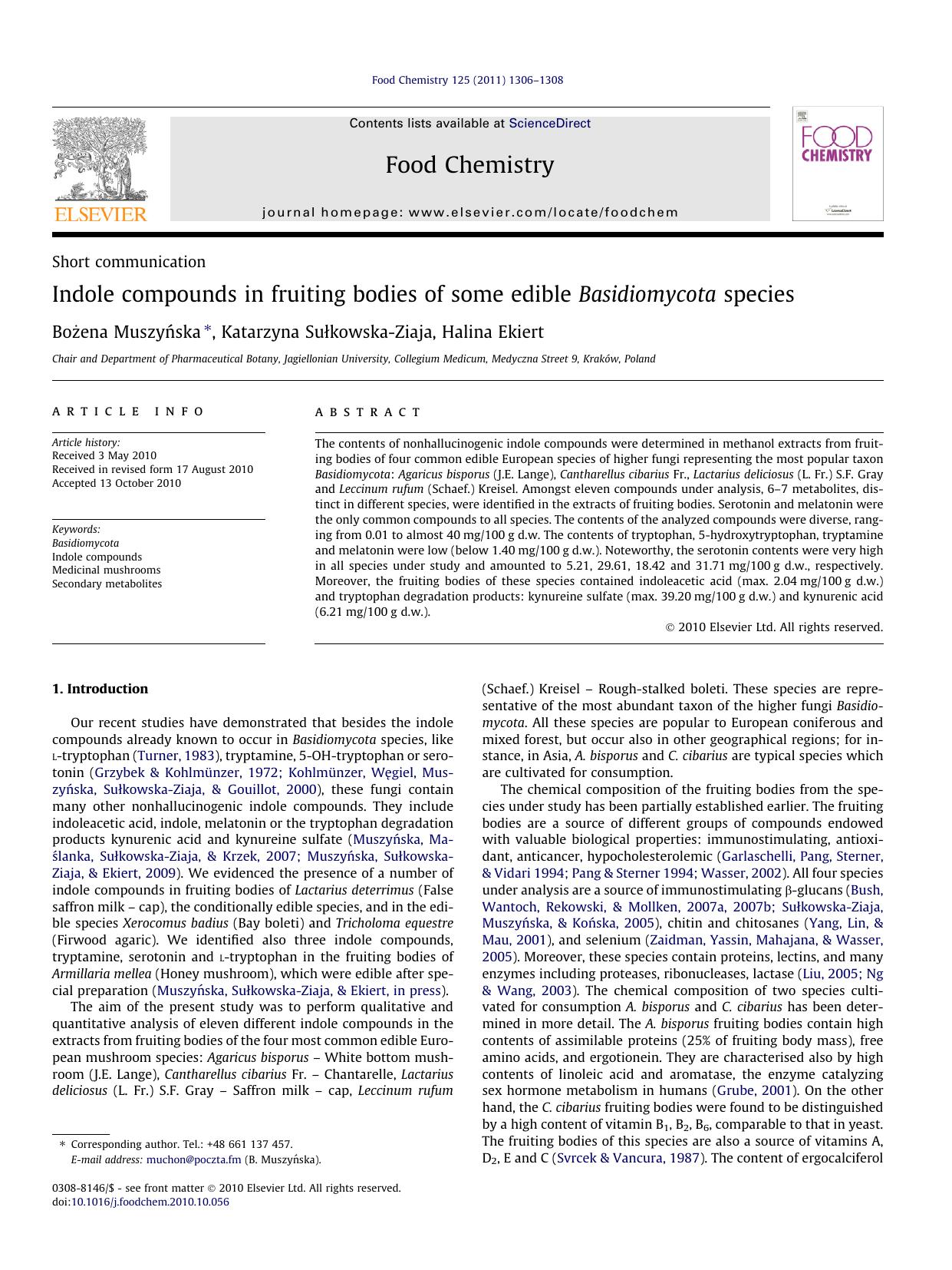 Indole compounds in fruiting bodies of some edible Basidiomycota species by BoÅ¼ena MuszyÅ„ska & Katarzyna Sułkowska-Ziaja & Halina Ekiert