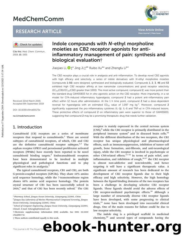 Indole compounds with N-ethyl morpholine moieties as CB2 receptor agonists for anti-inflammatory management of pain: synthesis and biological evaluation by Jiaojiao Li & Jing Ji & Ruibo Xu & Zhengfu Li