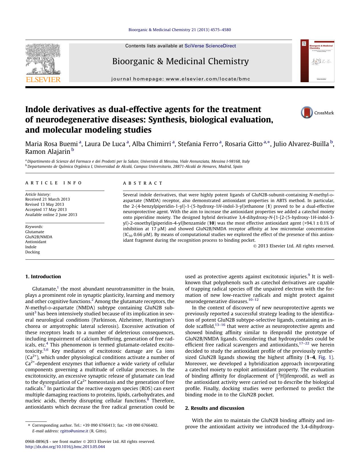 Indole derivatives as dual-effective agents for the treatment of neurodegenerative diseases: Synthesis, biological evaluation, and molecular modeling studies by unknow