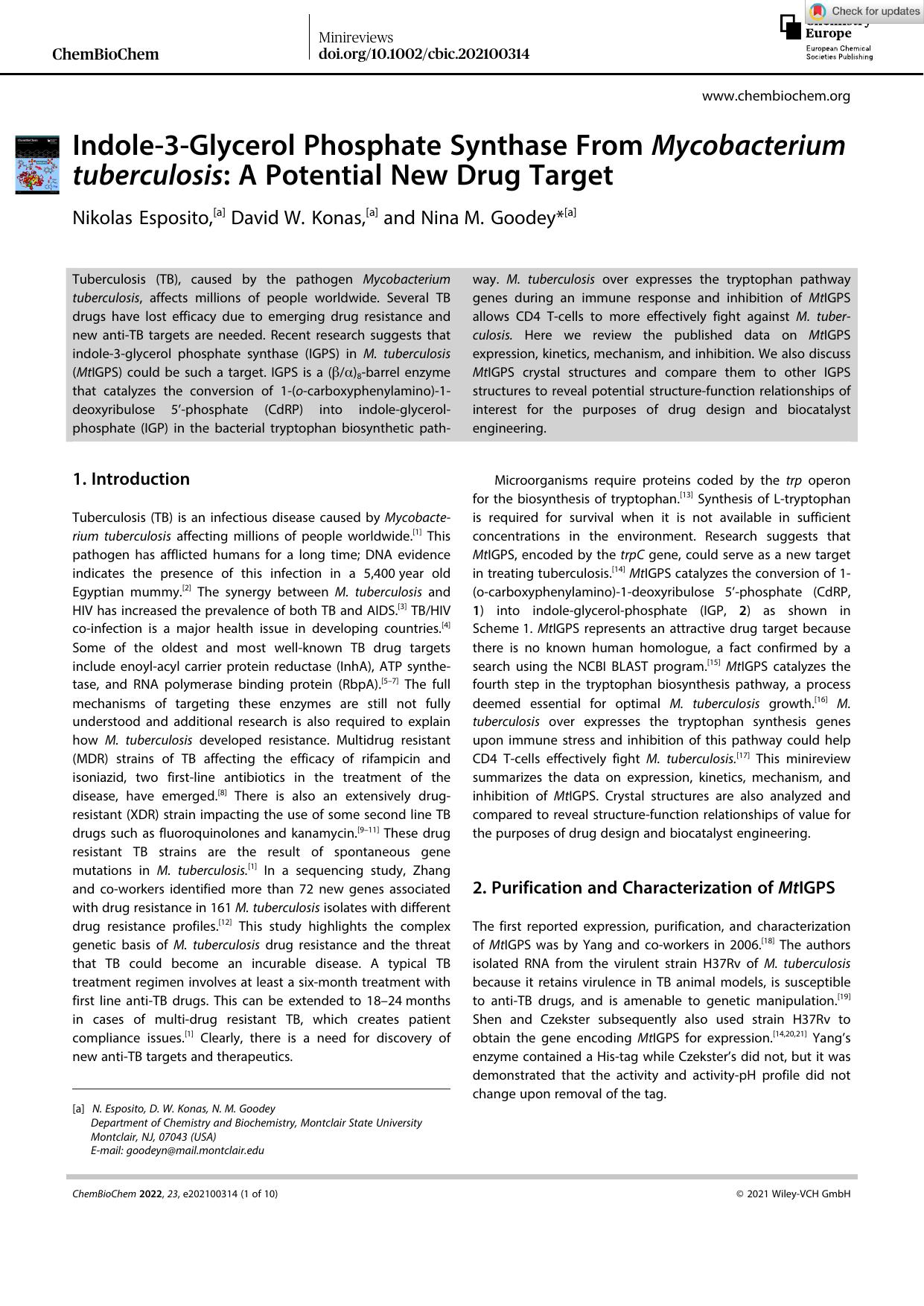 Indoleâ3âGlycerol Phosphate Synthase From Mycobacterium tuberculosis: A Potential New Drug Target by Unknown