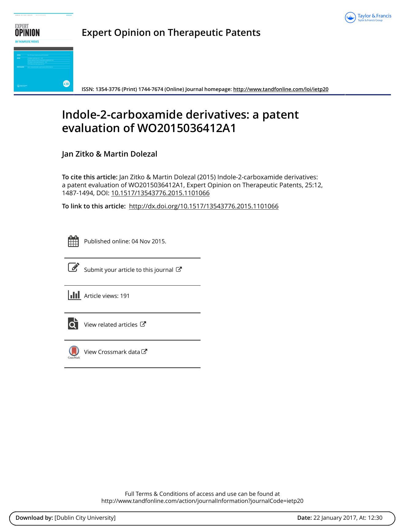 Indole-2-carboxamide derivatives: a patent evaluation of WO2015036412A1 by Jan Zitko & Martin Dolezal