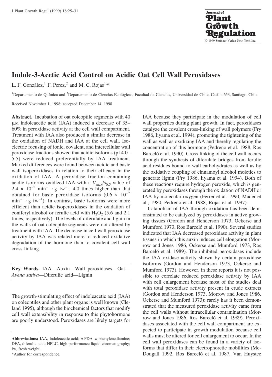 Indole-3-Acetic Acid Control on Acidic Oat Cell Wall Peroxidases by Gonzalez L. et al