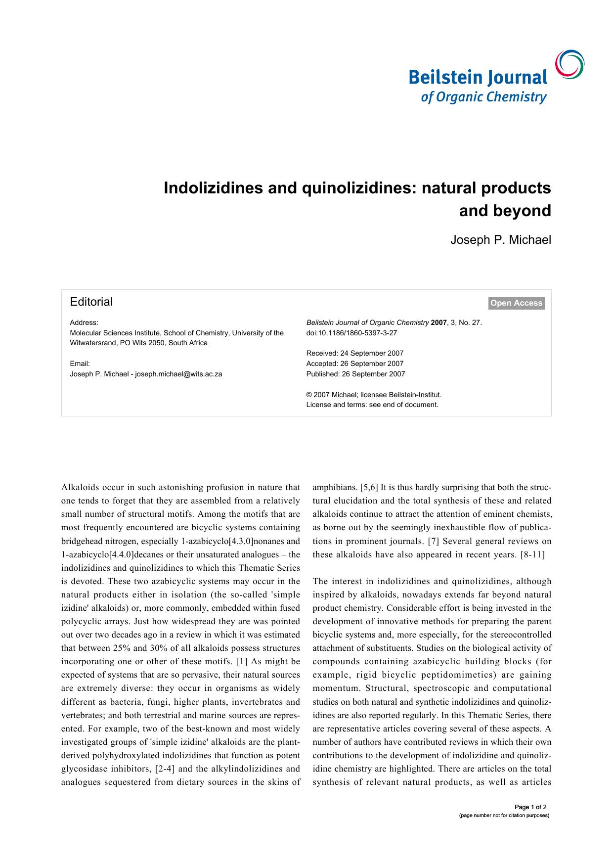 Indolizidines and quinolizidines: natural products and beyond by Joseph P Michael