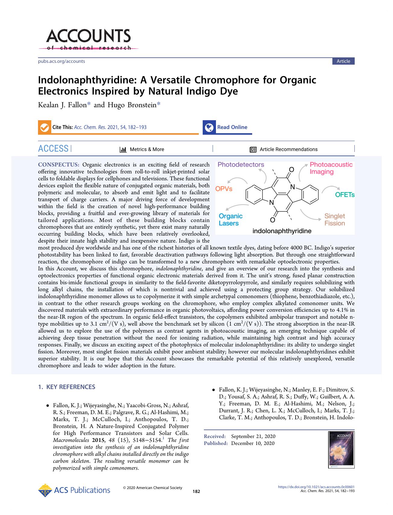 Indolonaphthyridine: A Versatile Chromophore for Organic Electronics Inspired by Natural Indigo Dye by Kealan J. Fallon; Hugo Bronstein