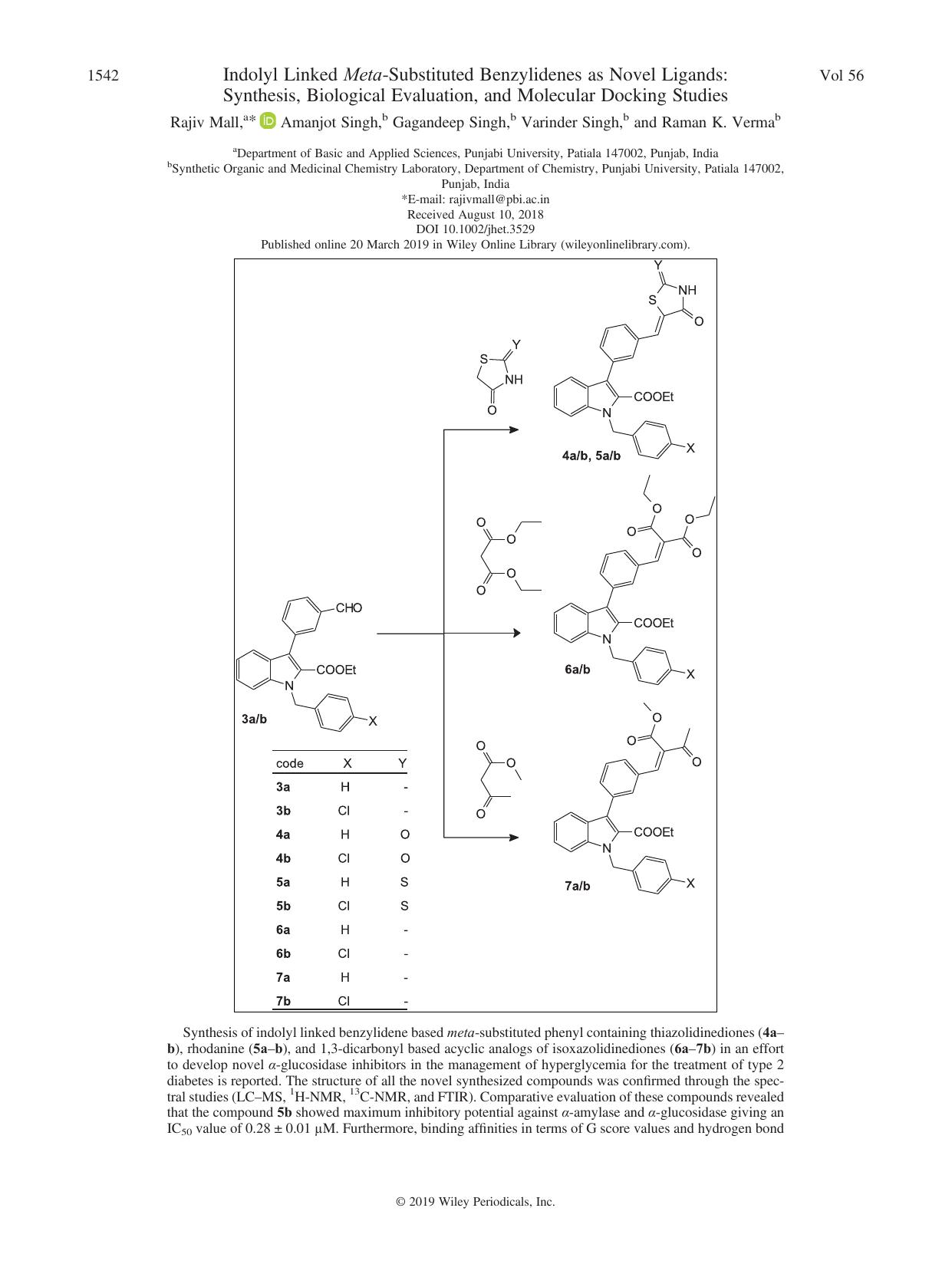 Indolyl Linked Meta-Substituted Benzylidenes as Novel Ligands: Synthesis, Biological Evaluation, and Molecular Docking Studies by Rajiv Mall Amanjot Singh Gagandeep Singh Varinder Singh Raman K. Verma