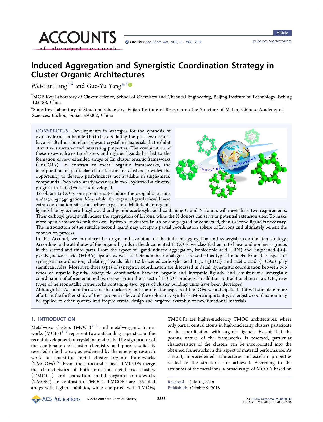 Induced Aggregation and Synergistic Coordination Strategy in Cluster Organic Architectures by Wei-Hui Fang; Guo-Yu Yang & Guo-Yu Yang