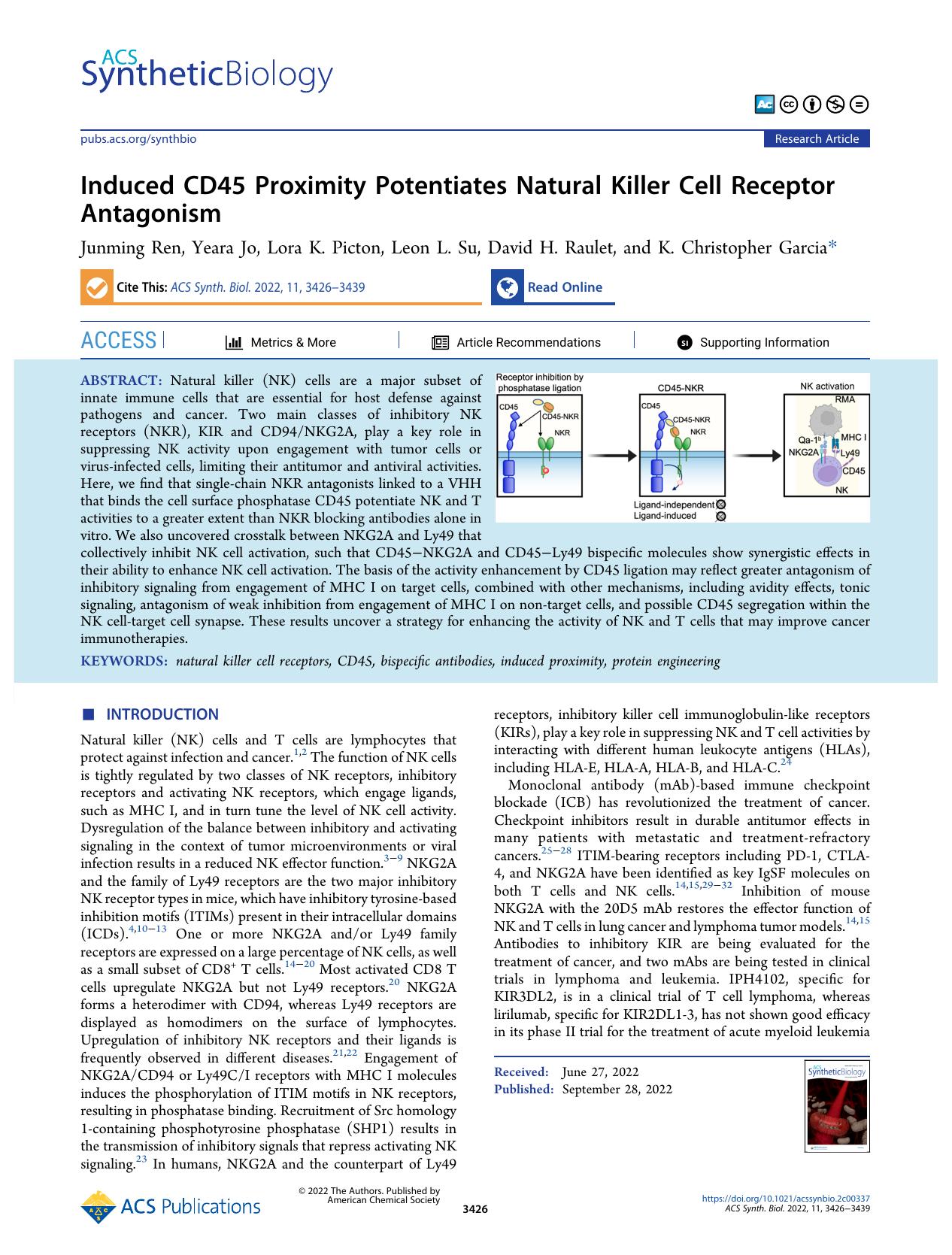 Induced CD45 Proximity Potentiates Natural Killer Cell Receptor Antagonism by Junming Ren Yeara Jo Lora K. Picton Leon L. Su David H. Raulet and K. Christopher Garcia