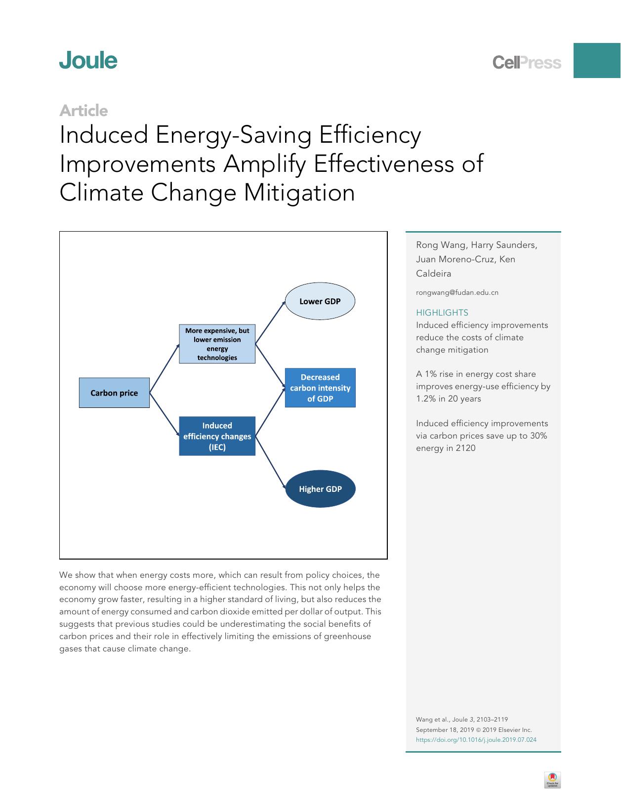 Induced Energy-Saving Efficiency Improvements Amplify Effectiveness of Climate Change Mitigation by Rong Wang & Harry Saunders & Juan Moreno-Cruz & Ken Caldeira