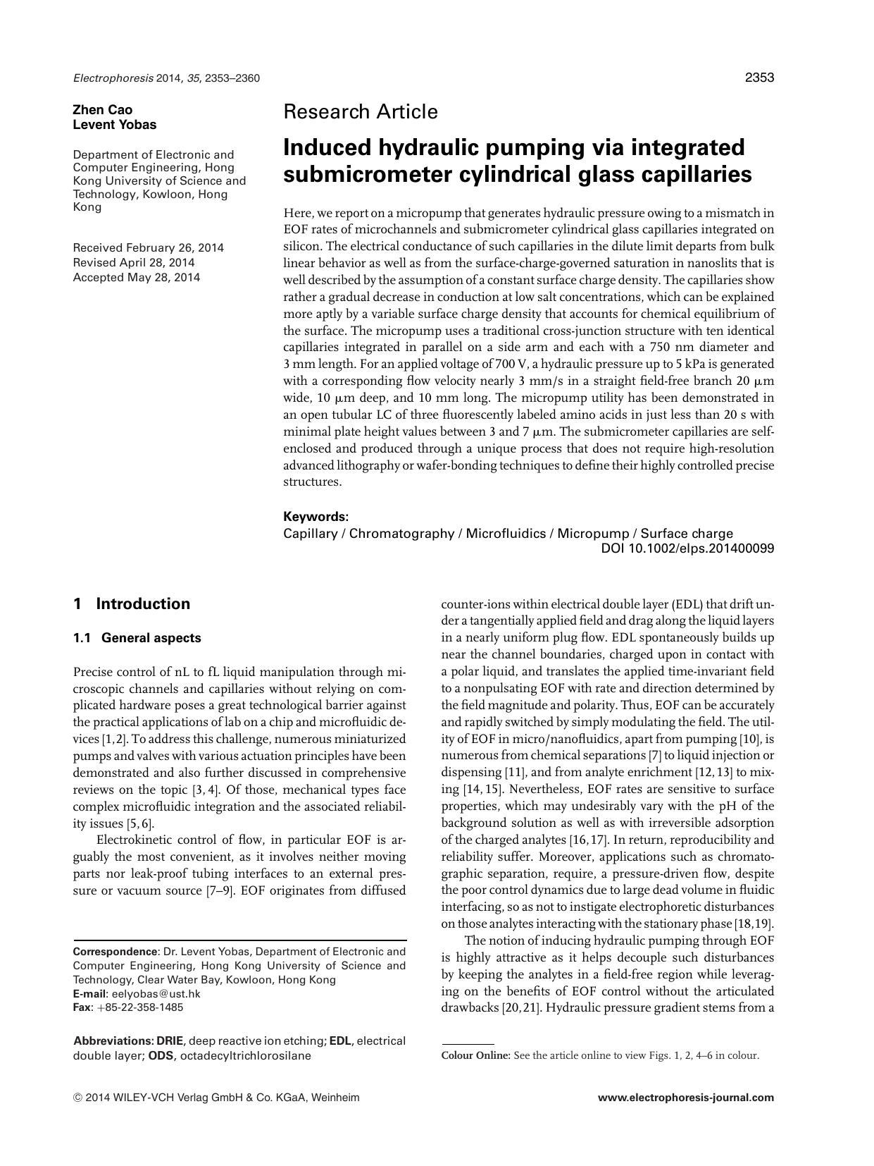 Induced hydraulic pumping via integrated submicrometer cylindrical glass capillaries by Unknown