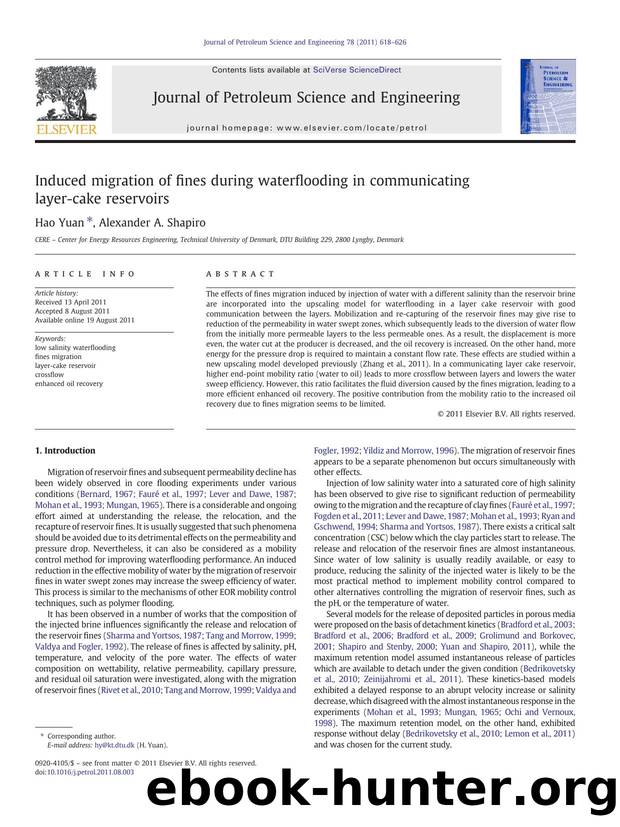 Induced migration of fines during waterflooding in communicating layer-cake reservoirs by Hao Yuan & Alexander A. Shapiro