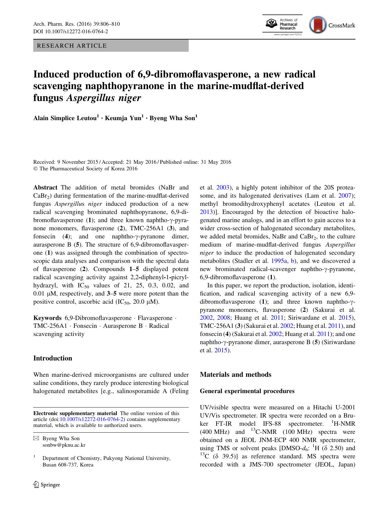 Induced production of 6,9-dibromoflavasperone, a new radical scavenging naphthopyranone in the marine-mudflat-derived fungus Aspergillus niger by Alain Simplice Leutou & Keumja Yun & Byeng Wha Son