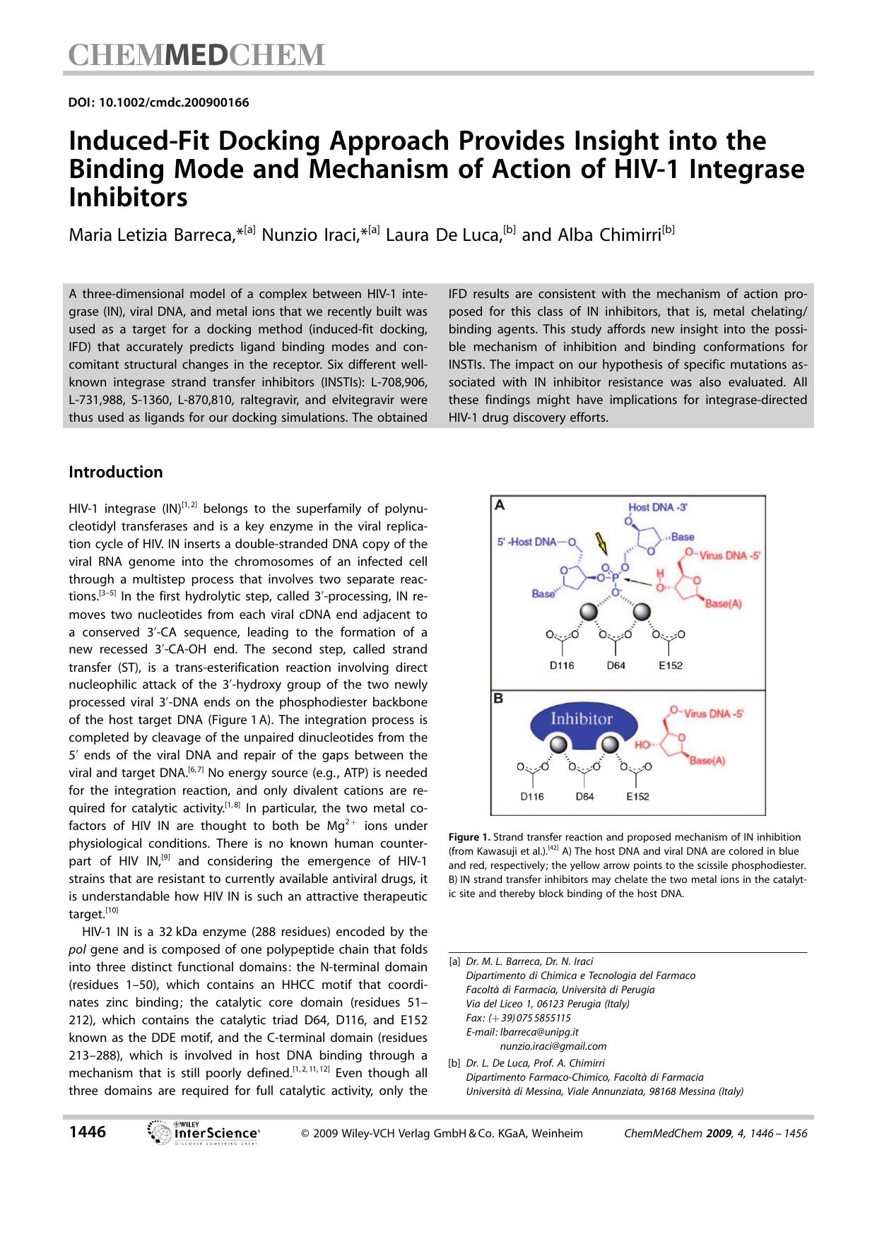 Induced-Fit Docking Approach Provides Insight into the Binding Mode and Mechanism of Action of HIV-1 Integrase Inhibitors by Unknown