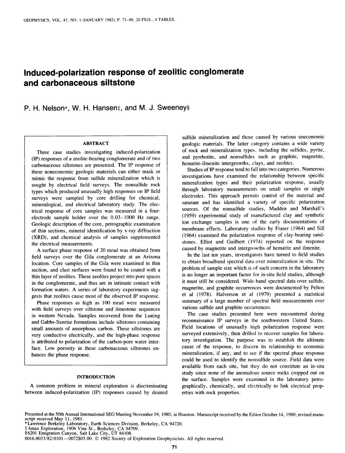 Induced-polarization response of zeolitic conglomerate and carbonaceous siltstone by Nelson P. H.; Hansen W. H.; Sweeney M. J
