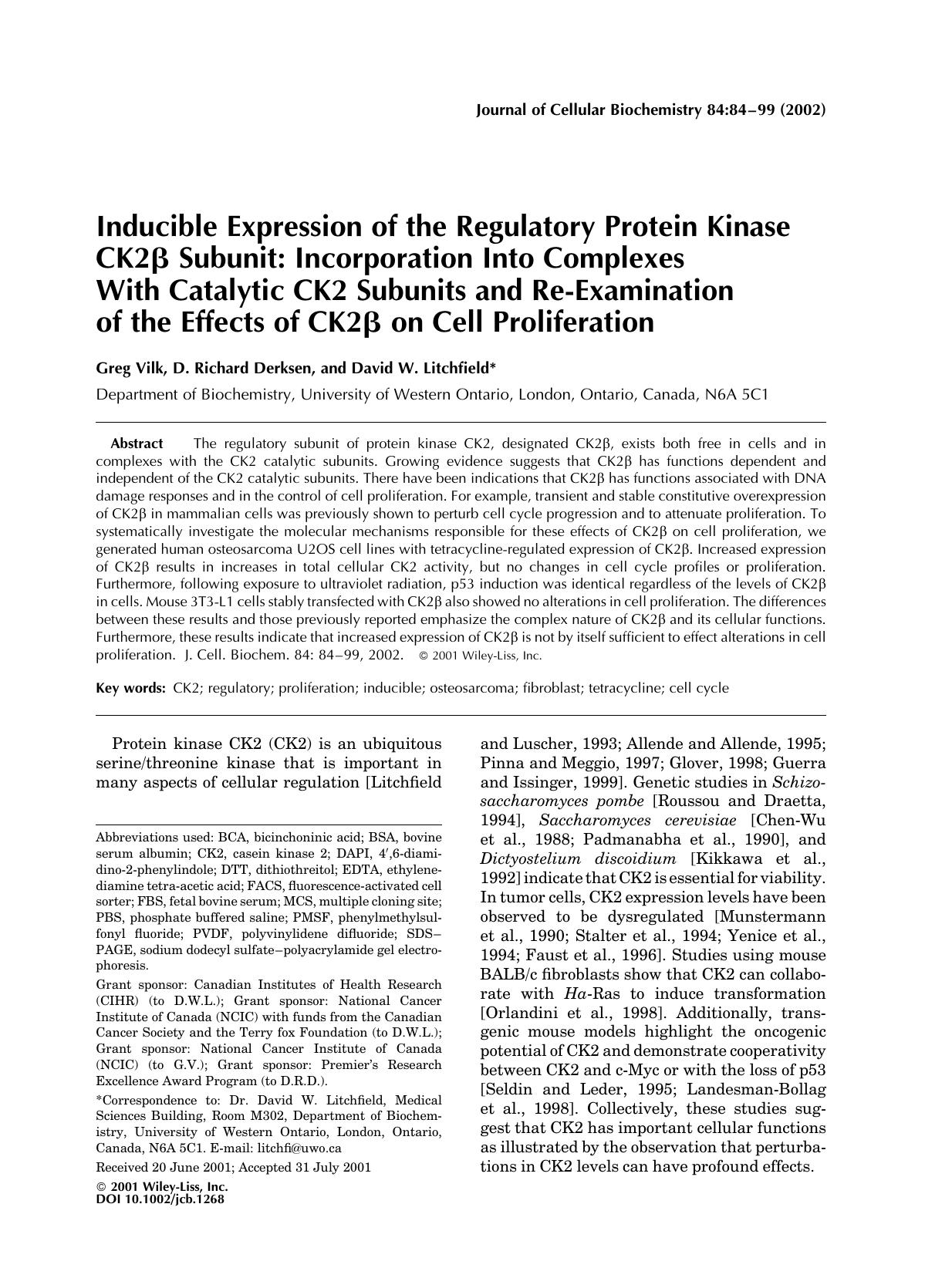 Inducible expression of the regulatory protein kinase CK2[beta] subunit: Incorporation into complexes with catalytic CK2 subunits and re-examination of the effects of CK2[beta] on cell proliferation by Unknown
