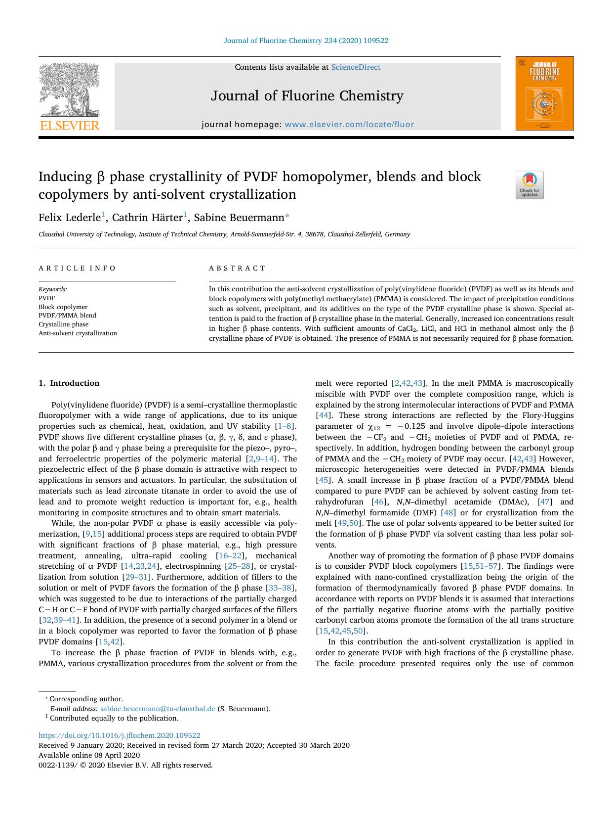Inducing Î² phase crystallinity of PVDF homopolymer, blends and block copolymers by anti-solvent crystallization by Felix Lederle & Cathrin Härter & Sabine Beuermann