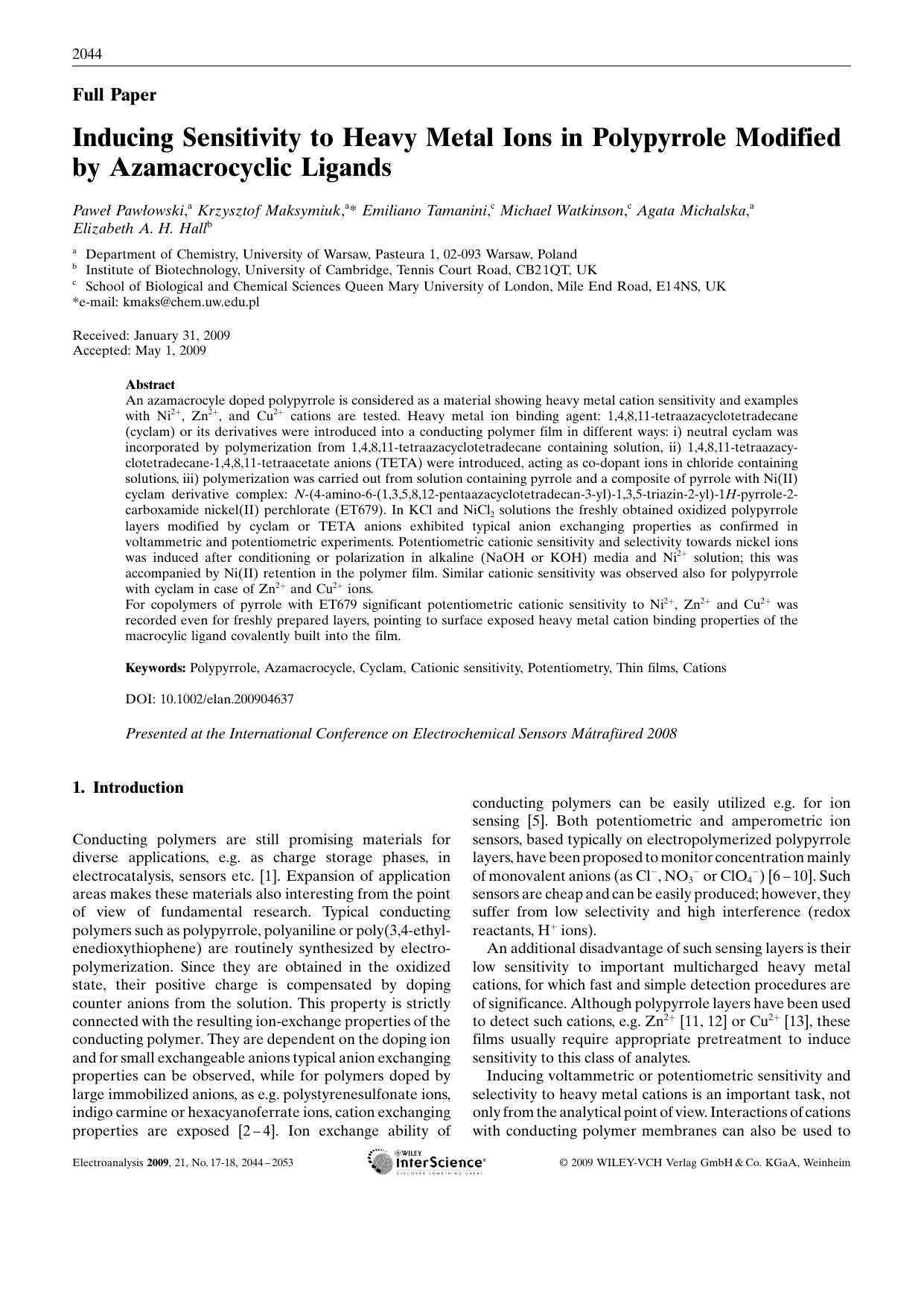 Inducing Sensitivity to Heavy Metal Ions in Polypyrrole Modified by Azamacrocyclic Ligands by Unknown