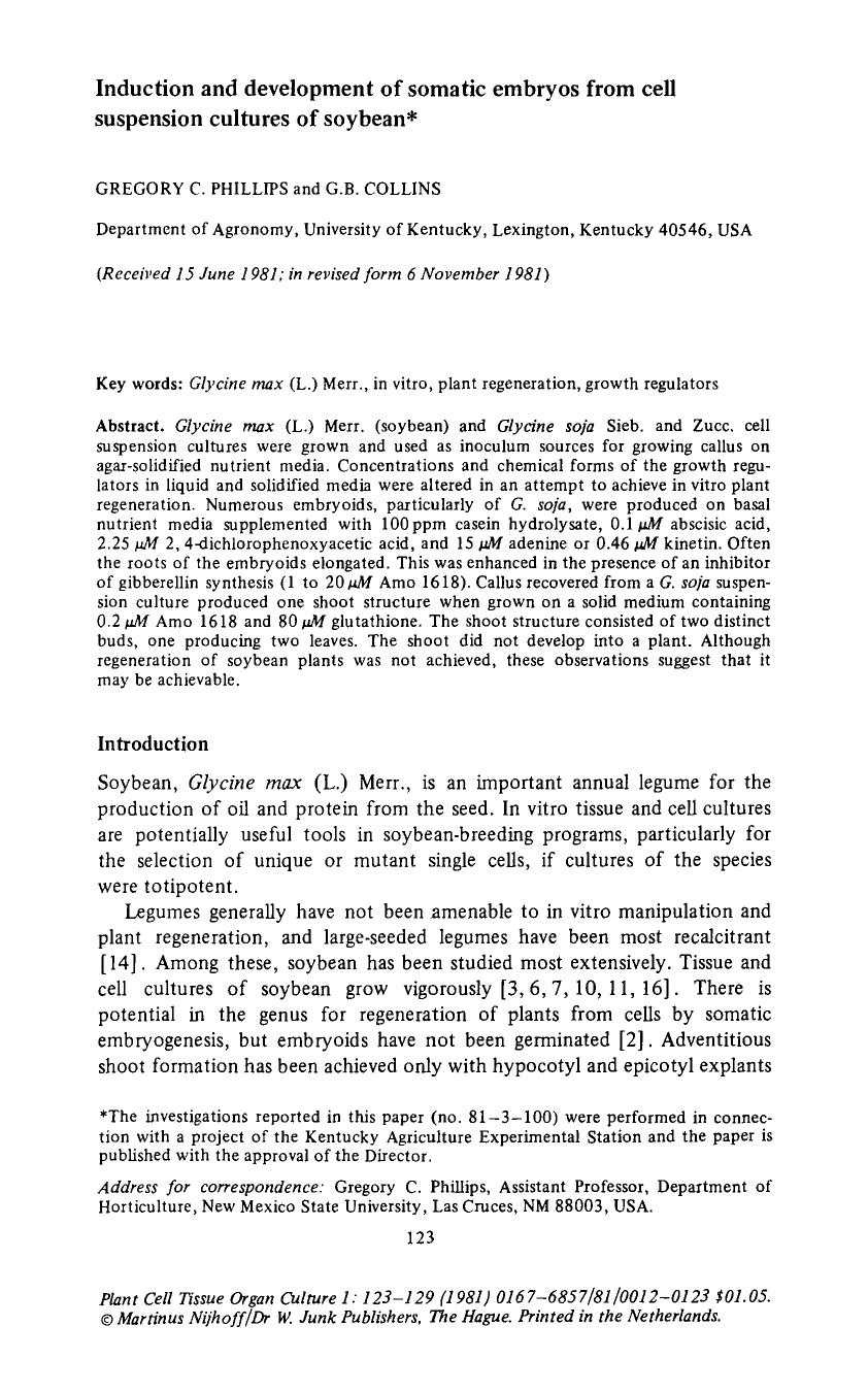 Induction and development of somatic embryos from cell suspension cultures of soybean by Unknown