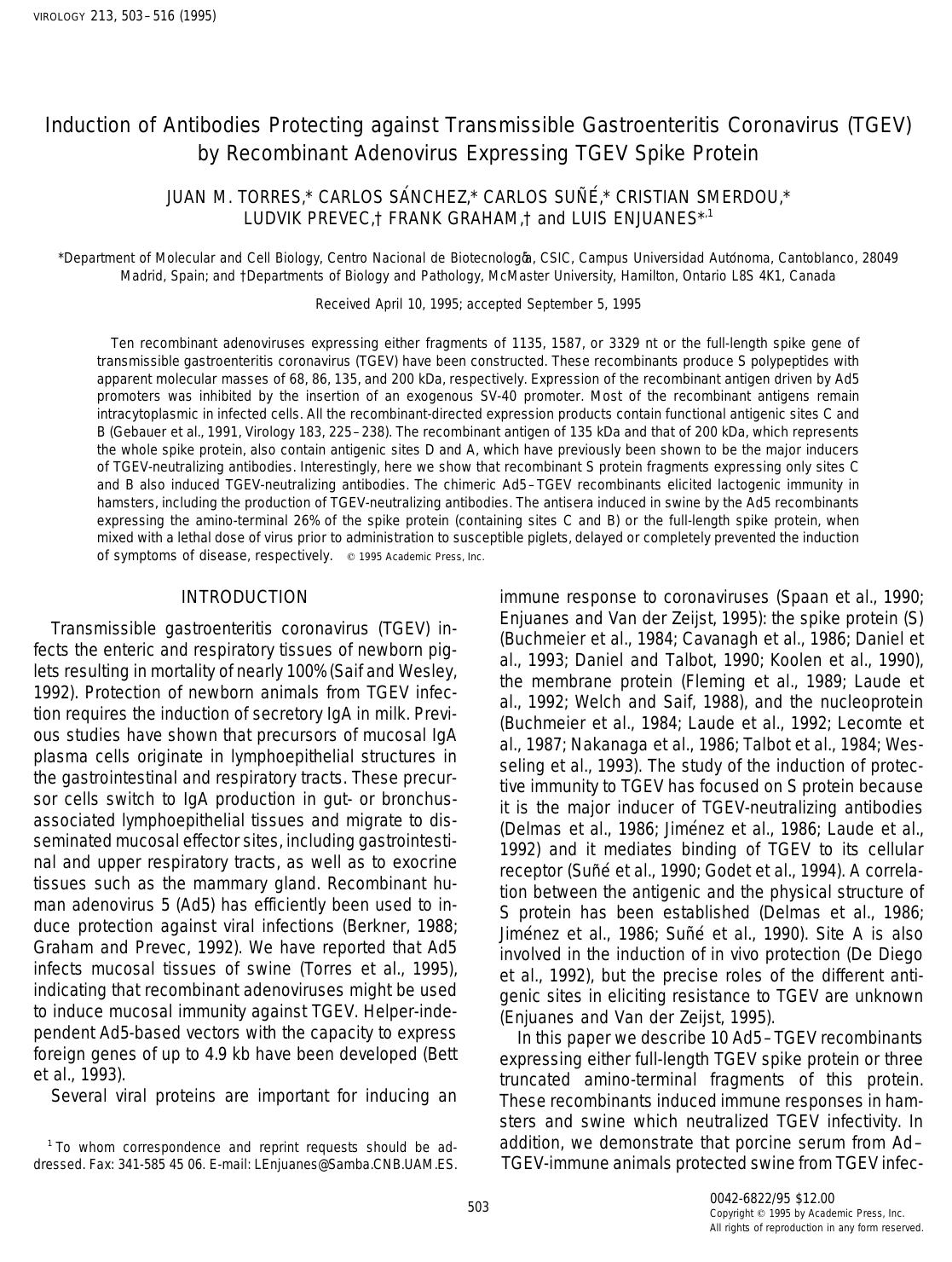 Induction of Antibodies Protecting against Transmissible Gastroenteritis Coronavirus (TGEV) by Recombinant Adenovirus Expressing TGEV Spike Protein by Torres J. M. et al