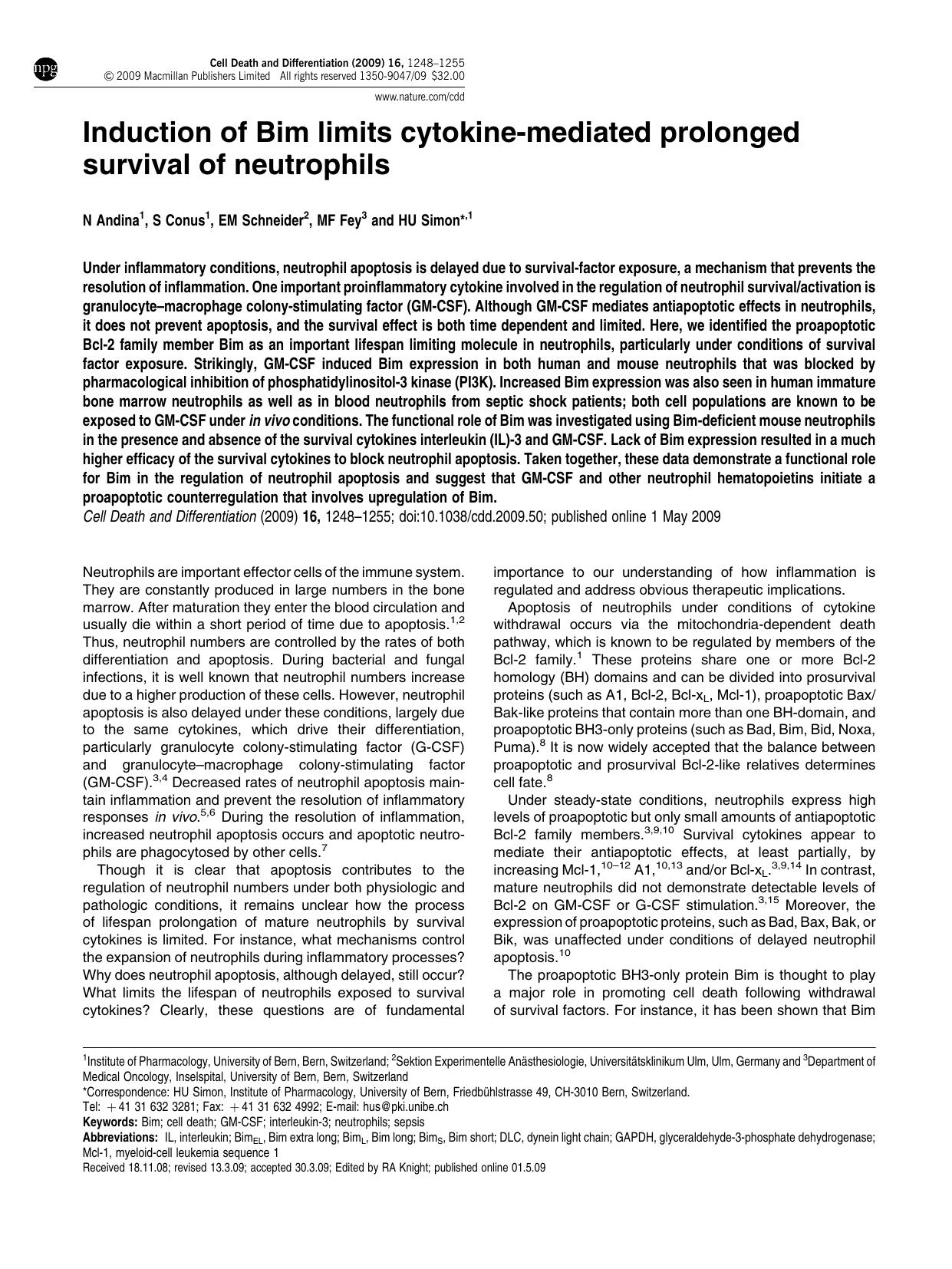 Induction of Bim limits cytokine-mediated prolonged survival of neutrophils by N Andina & S Conus & E M Schneider & M F Fey & H U Simon &
