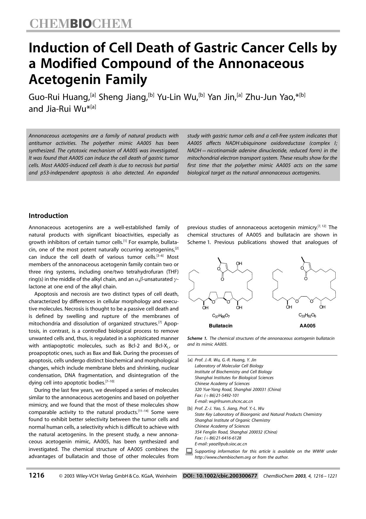Induction of Cell Death of Gastric Cancer Cells by a Modified Compound of the Annonaceous Acetogenin Family by Unknown