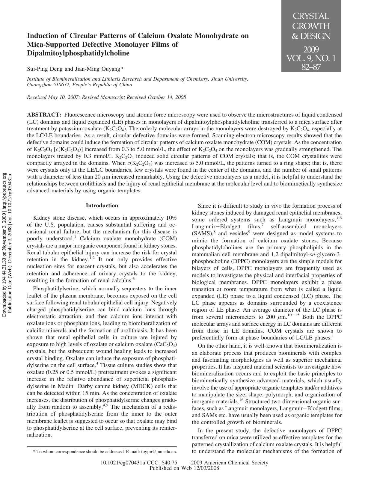 Induction of Circular Patterns of Calcium Oxalate Monohydrate on Mica-Supported Defective Monolayer Films of Dipalmitoylphosphatidylcholine by Sui-Ping Deng & Jian-Ming Ouyang*
