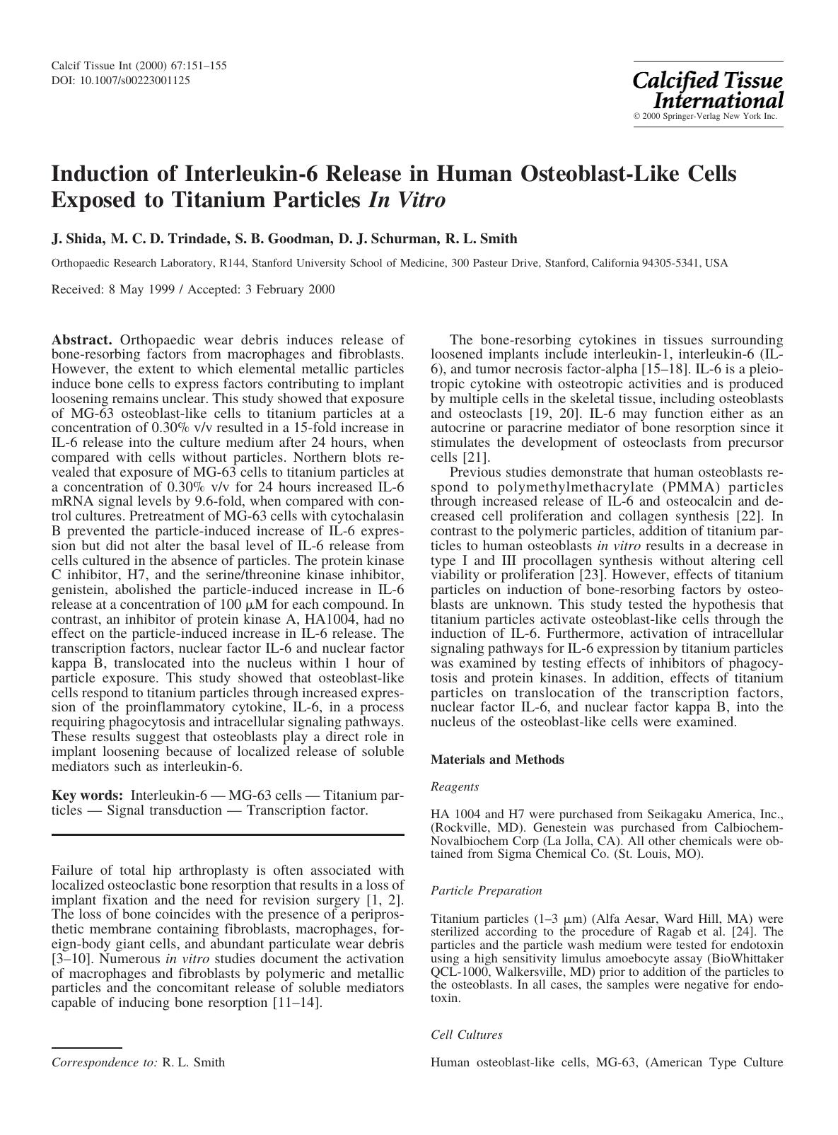 Induction of Interleukin-6 Release in Human Osteoblast-Like Cells Exposed to Titanium Particles In Vitro by Shida J. et al