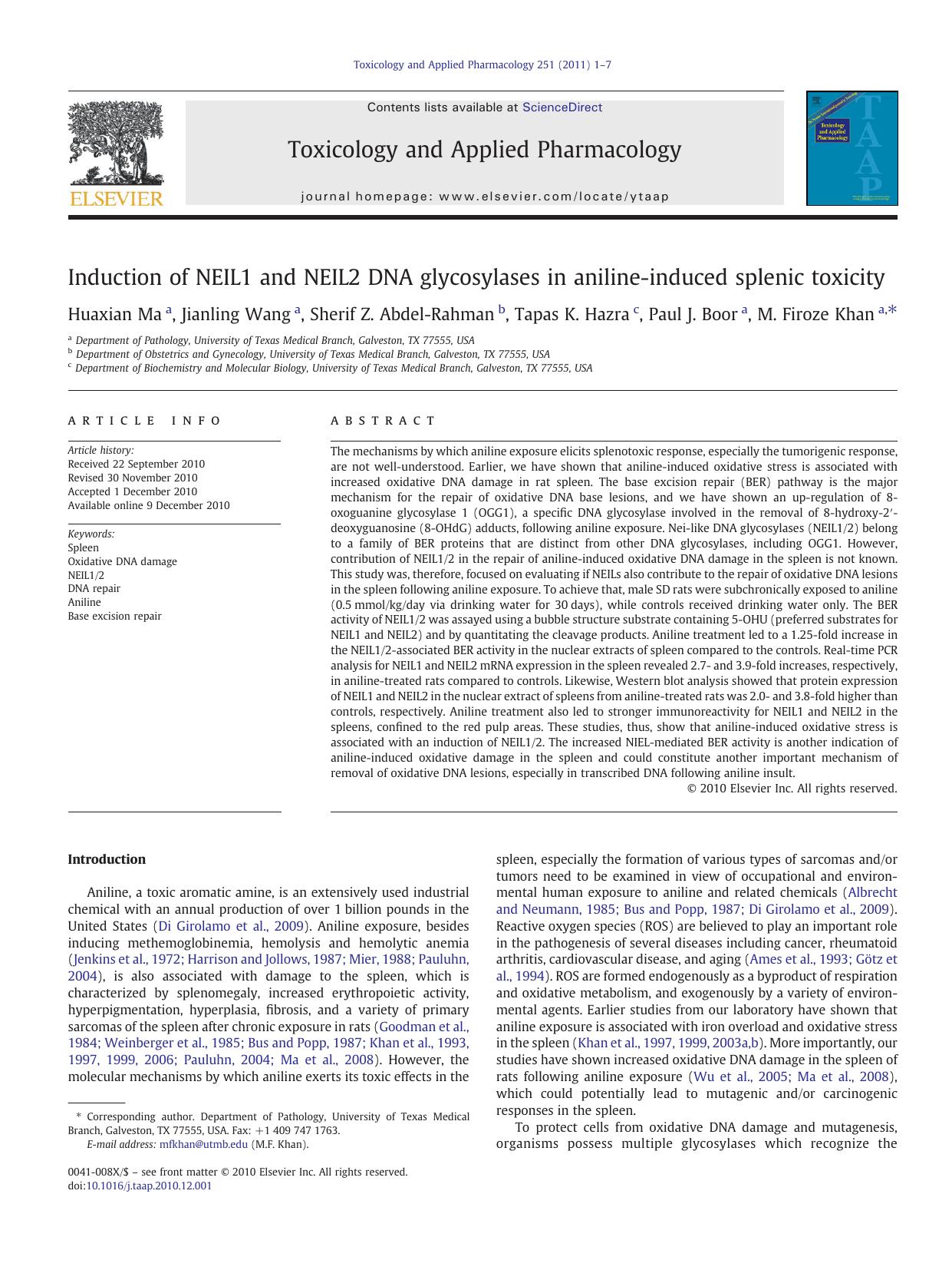 Induction of NEIL1 and NEIL2 DNA glycosylases in aniline-induced splenic toxicity by Huaxian Ma & Jianling Wang & Sherif Z. Abdel-Rahman & Tapas K. Hazra & Paul J. Boor & M. Firoze Khan