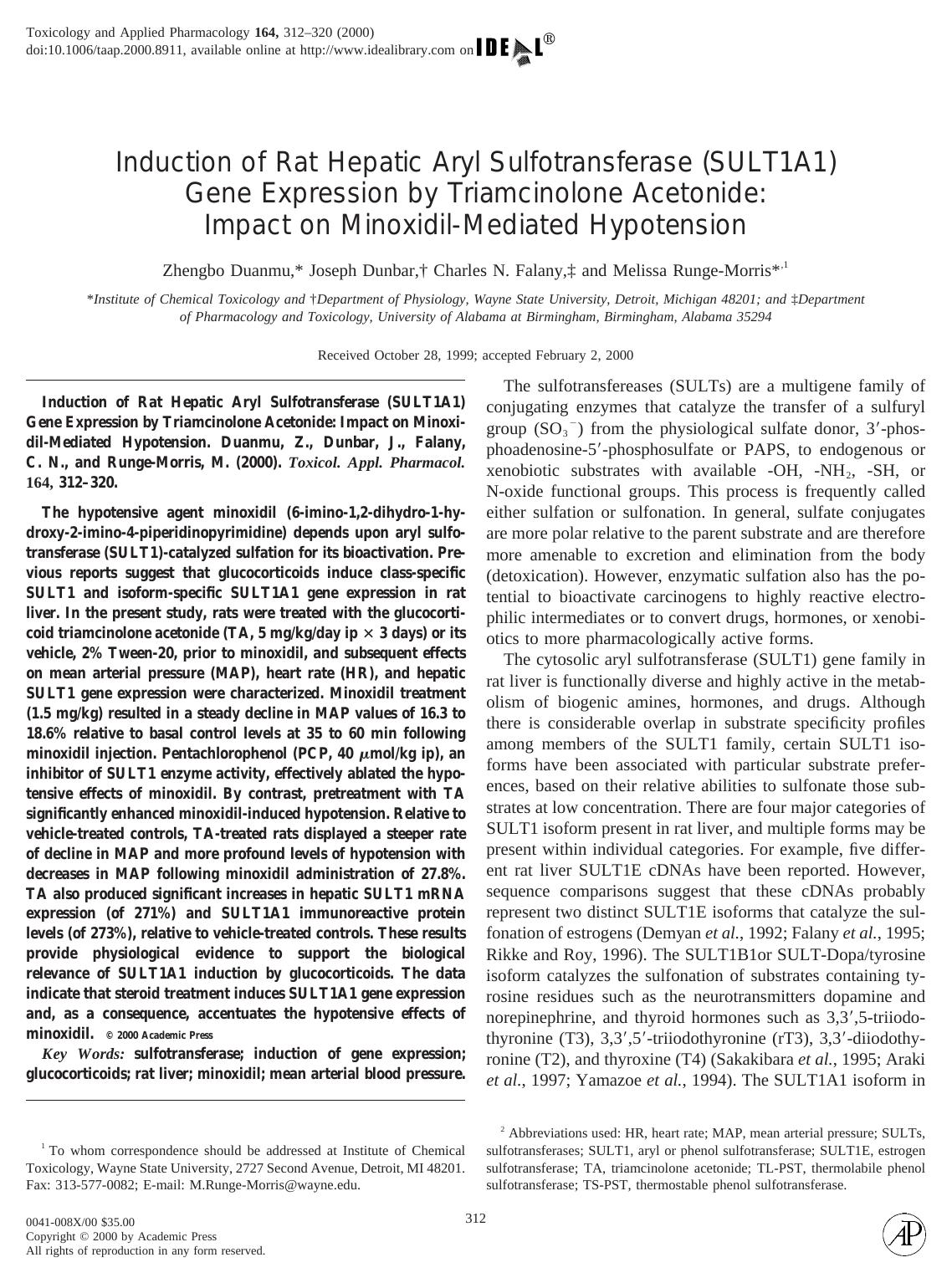 Induction of Rat Hepatic Aryl Sulfotransferase (SULT1A1) Gene Expression by Triamcinolone Acetonide: Impact on Minoxidil-Mediated Hypotension by Duanmu Z. et al