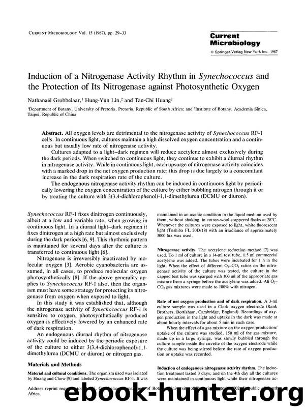 Induction of a nitrogenase activity rhythm in <Emphasis Type="Italic">Synechococcus <Emphasis> and the protection of its nitrogenase against photosynthetic oxygen by Unknown