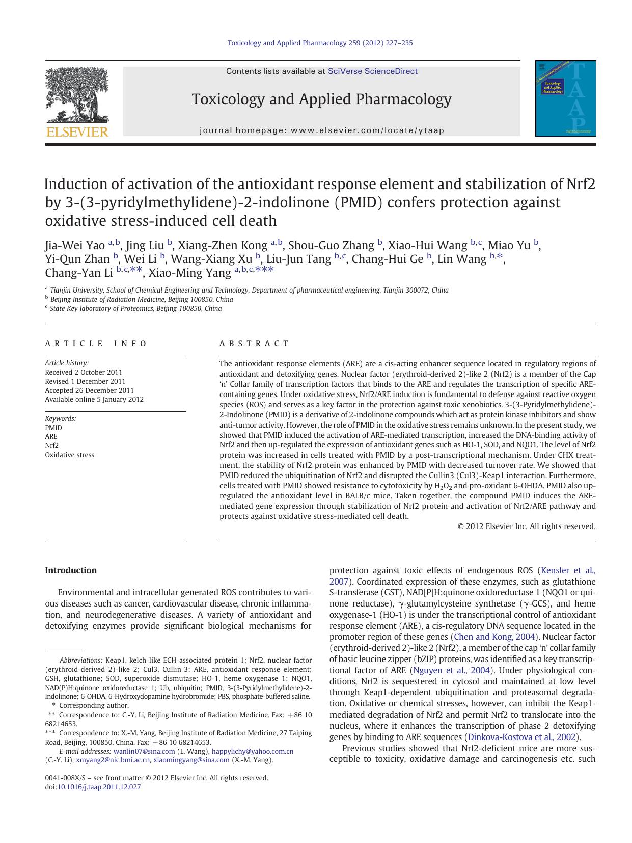 Induction of activation of the antioxidant response element and stabilization of Nrf2 by 3-(3-pyridylmethylidene)-2-indolinone (PMID) confers protection against oxidative stress-induced cell death by unknow