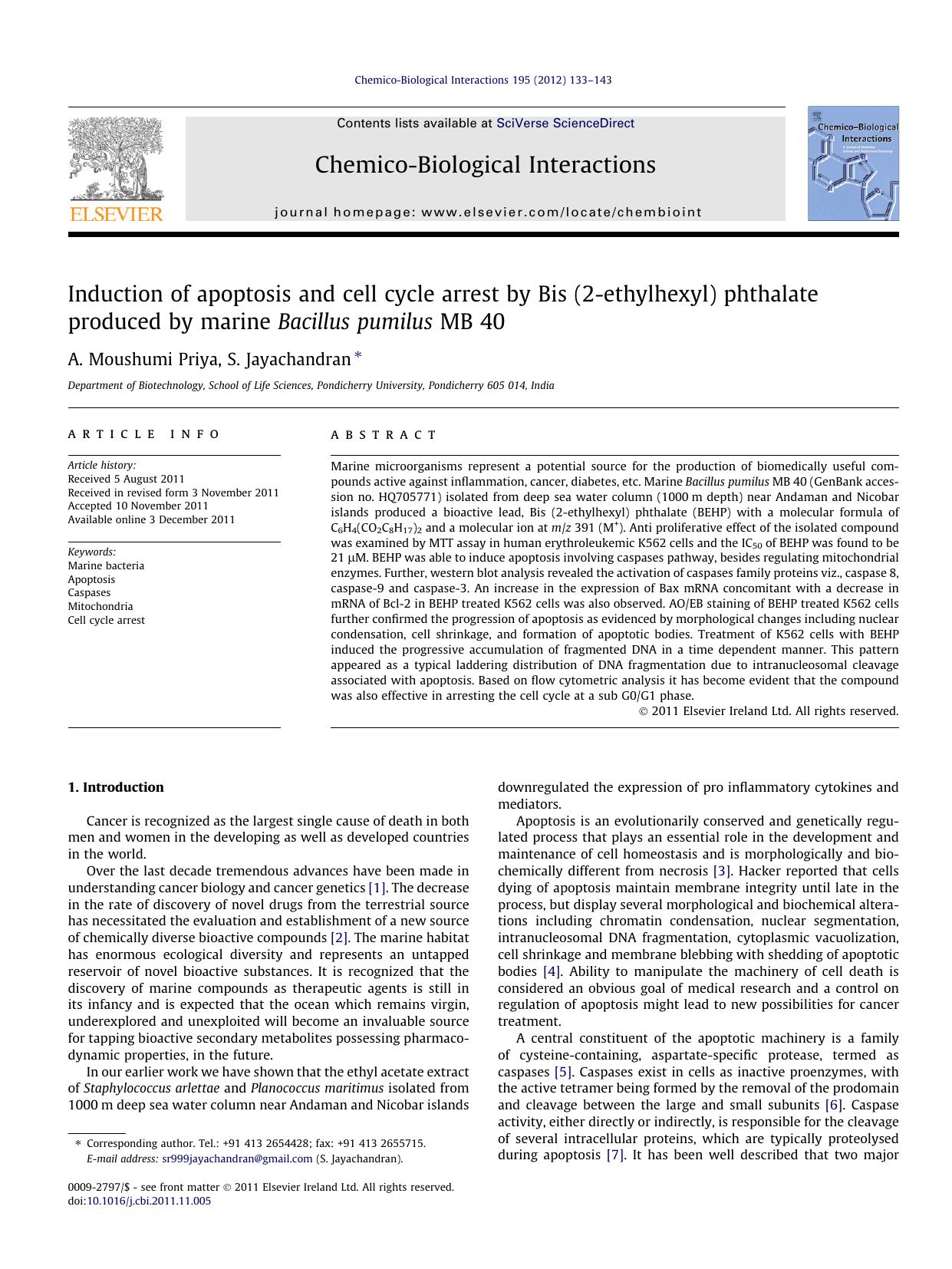 Induction of apoptosis and cell cycle arrest by Bis (2-ethylhexyl) phthalate produced by marine Bacillus pumilus MB 40 by A. Moushumi Priya & S. Jayachandran