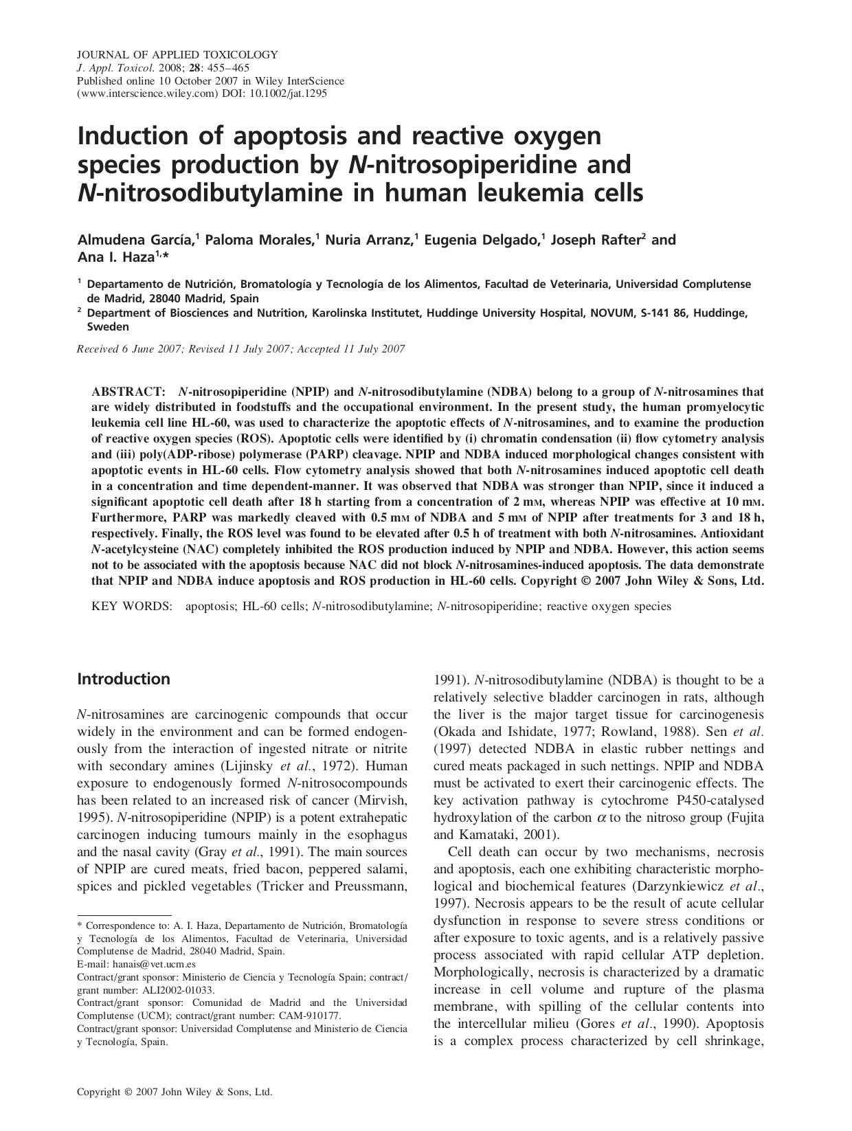 Induction of apoptosis and reactive oxygen species production by N-nitrosopiperidine and N-nitrosodibutylamine in human leukemia cells by FuHT