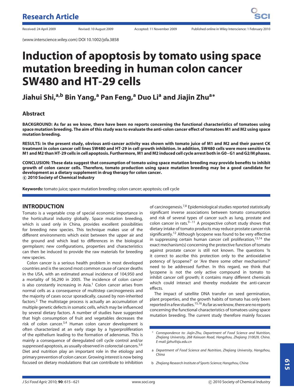 Induction of apoptosis by tomato using space mutation breeding in human colon cancer SW480 and HT-29 cells by Unknown