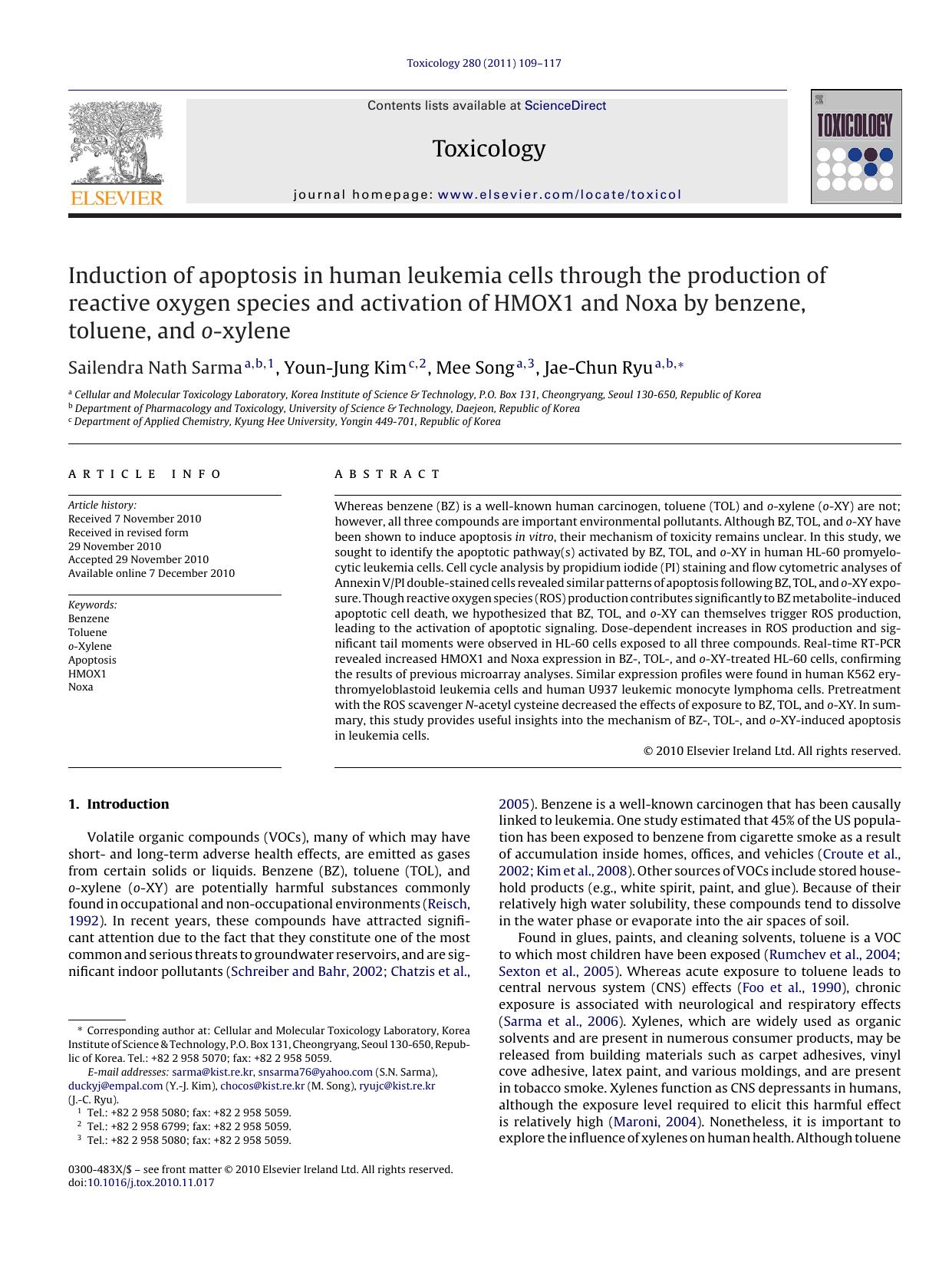 Induction of apoptosis in human leukemia cells through the production of reactive oxygen species and activation of HMOX1 and Noxa by benzene, toluene, and o-xylene by Sailendra Nath Sarma