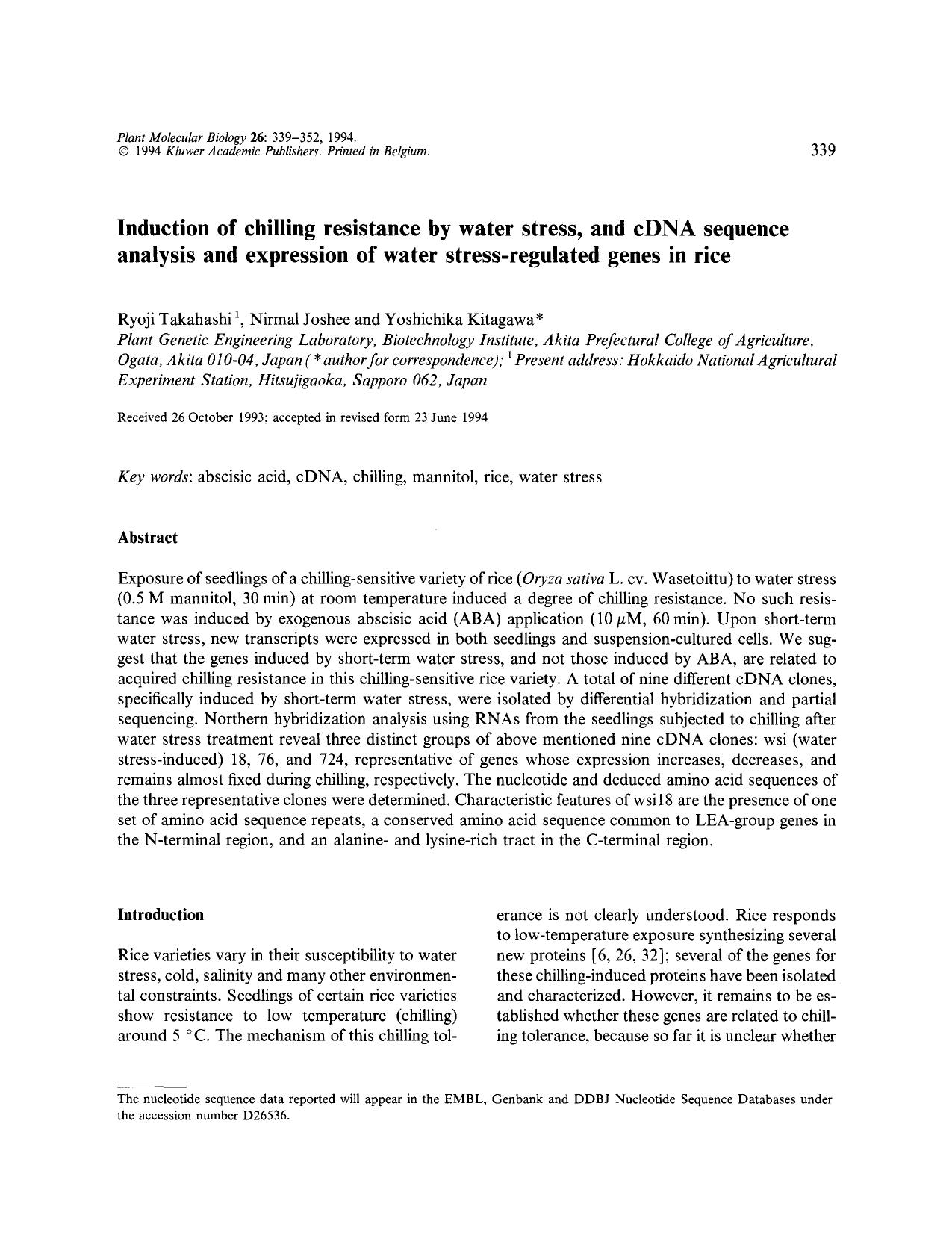Induction of chilling resistance by water stress, and cDNA sequence analysis and expression of water stress-regulated genes in rice by Unknown