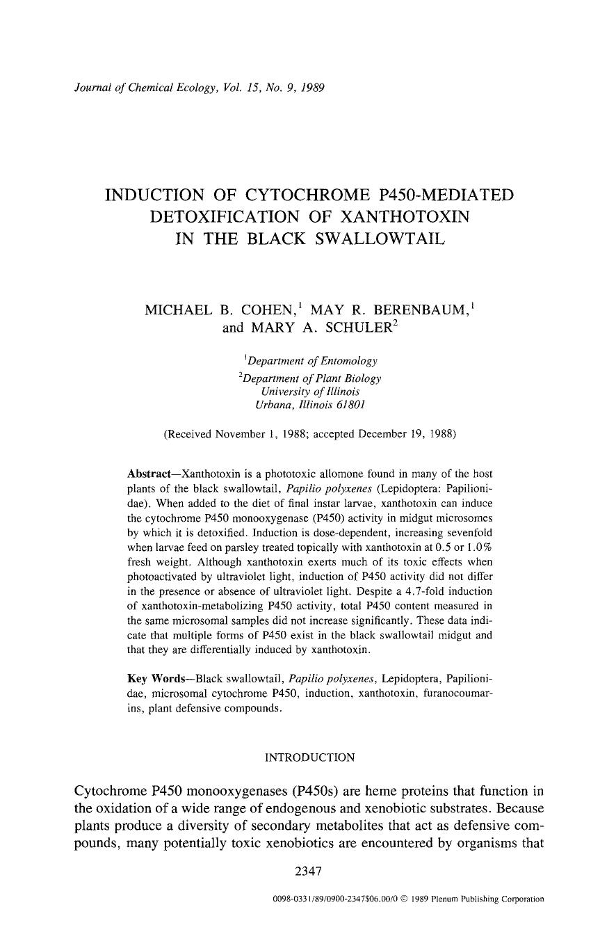 Induction of cytochrome P450-mediated detoxification of xanthotoxin in the black swallowtail by Unknown