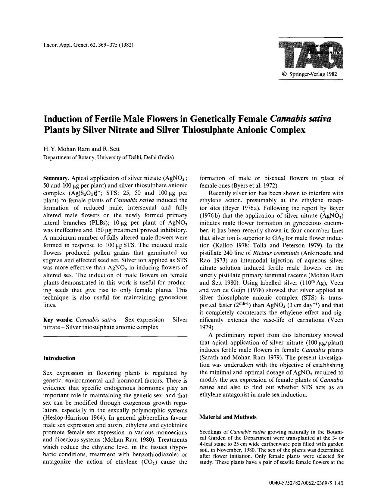Induction of fertile male flowers in genetically female <Emphasis Type="Italic">Cannabis sativa<Emphasis> plants by silver nitrate and silver thiosulphate anionic complex by Unknown