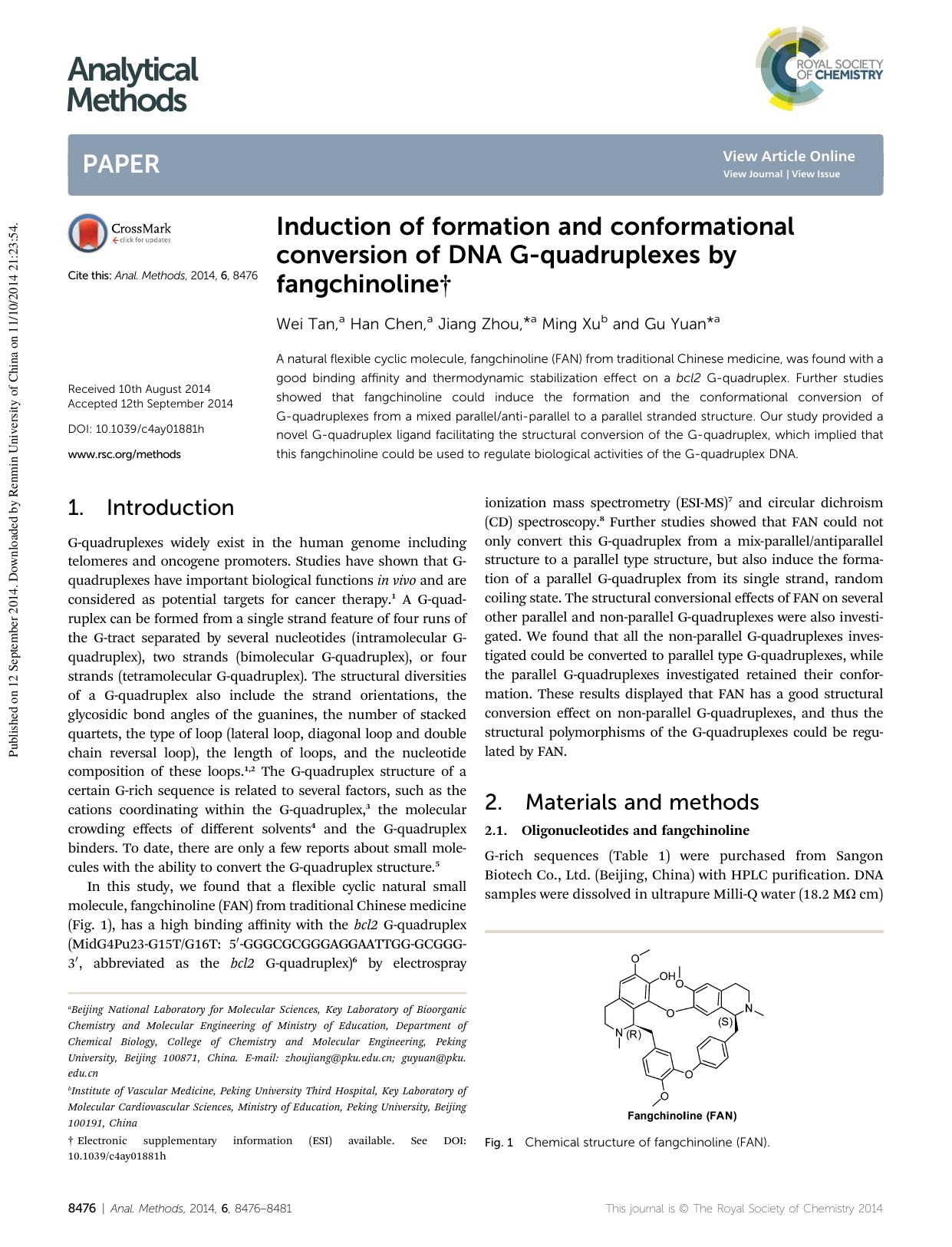 Induction of formation and conformational conversion of DNA G-quadruplexes by fangchinoline by Wei Tan & Han Chen & Jiang Zhou & Ming Xu & Gu Yuan
