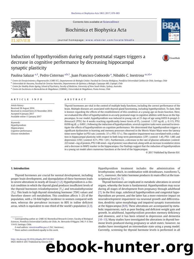 Induction of hypothyroidism during early postnatal stages triggers a decrease in cognitive performance by decreasing hippocampal synaptic plasticity by Paulina Salazar & Pedro Cisternas & Juan Francisco Codocedo & Nibaldo C. Inestrosa