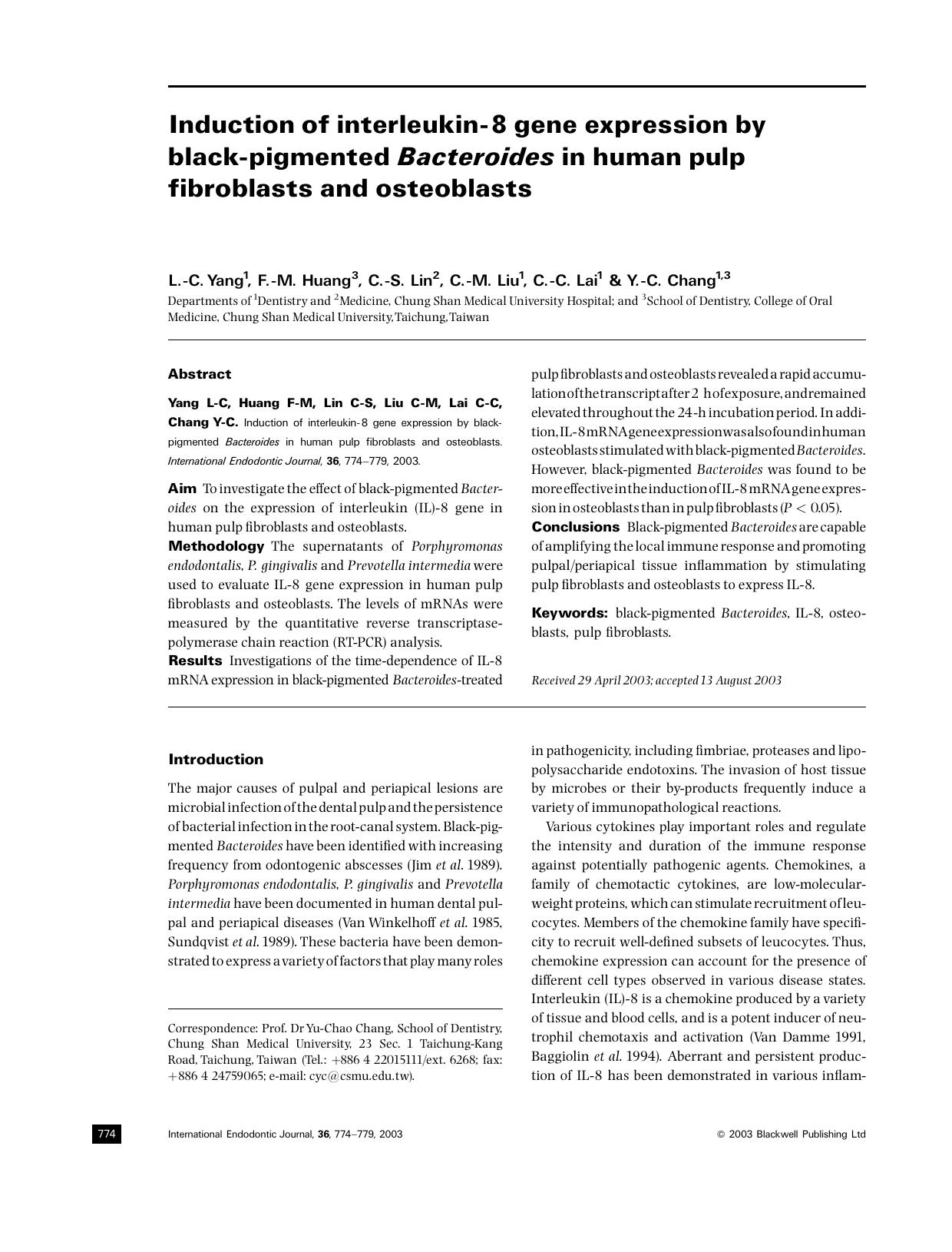 Induction of interleukin-8 gene expression by black-pigmented Bacteroides in human pulp fibroblas by Unknown