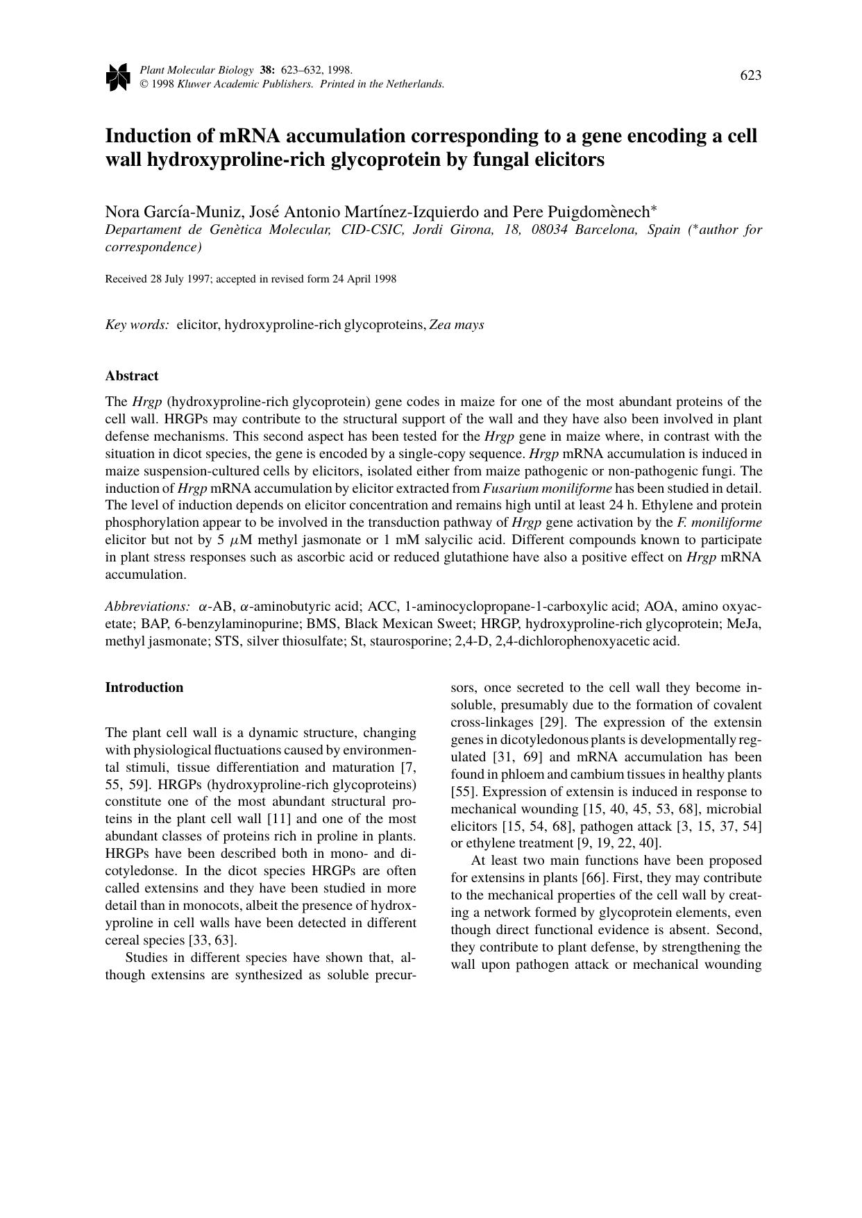 Induction of mRNA accumulation corresponding to a gene encoding a cell wall hydroxyproline-rich glycoprotein by fungal elicitors by Unknown