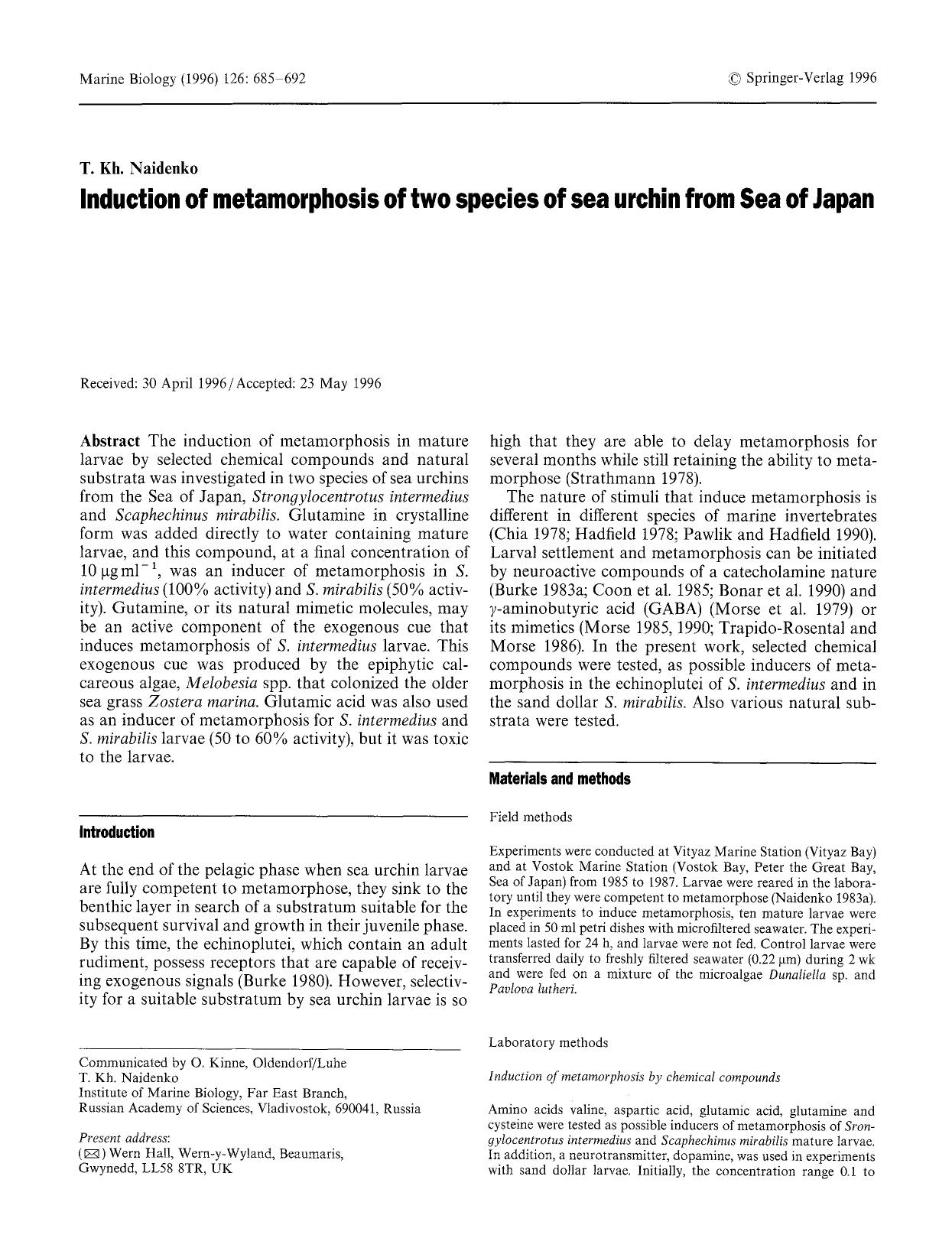 Induction of metamorphosis of two species of sea urchin from Sea of Japan by Unknown