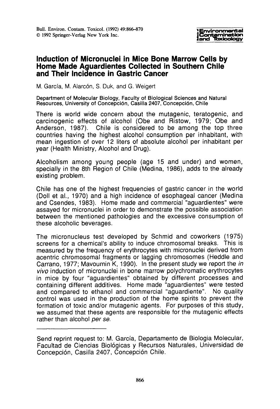 Induction of micronuclei in mice bone marrow cells by home made aguardientes collected in Southern Chile and their incidence in gastric cancer by Unknown