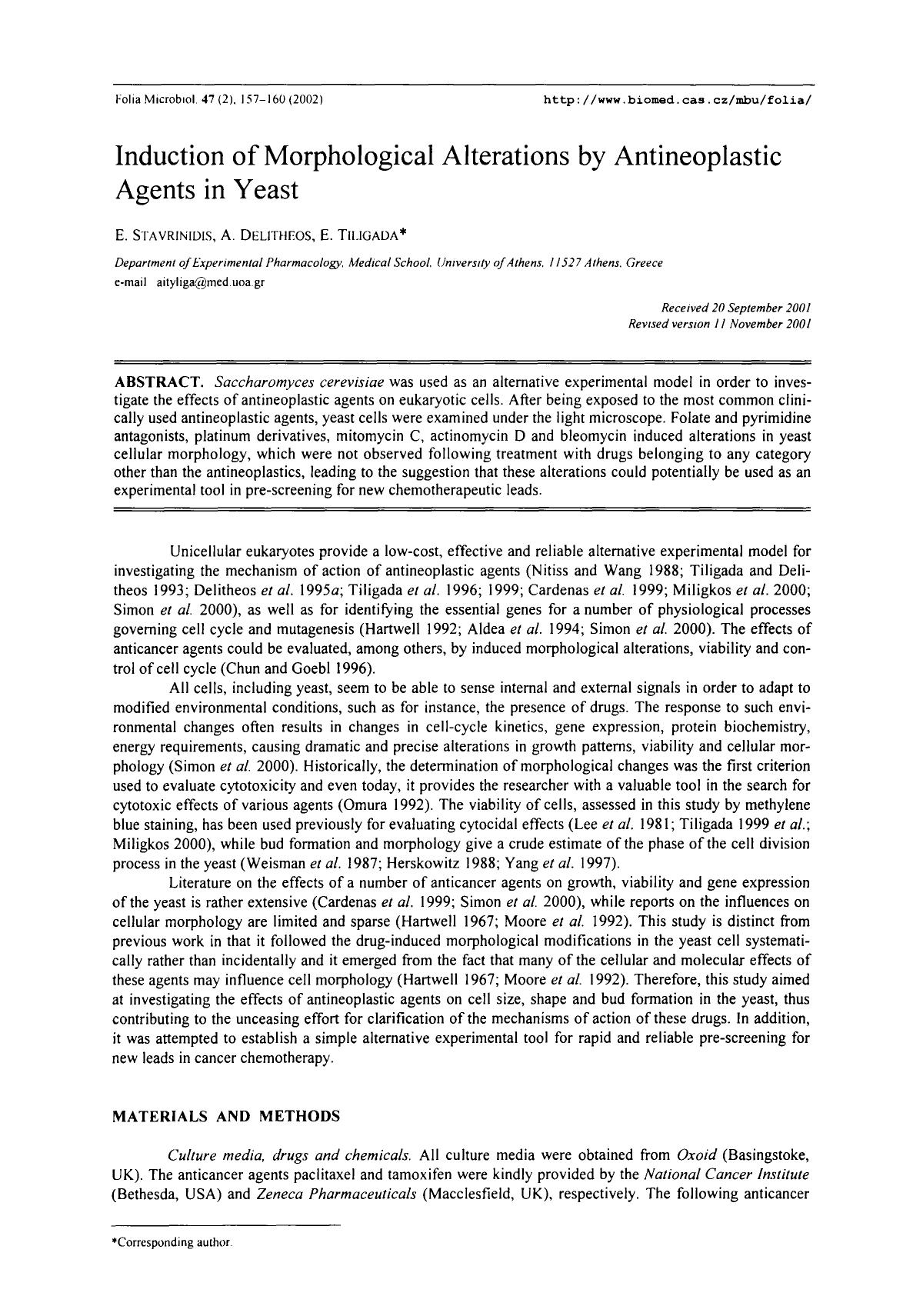 Induction of morphological alterations by antineoplastic agents in yeast by Unknown