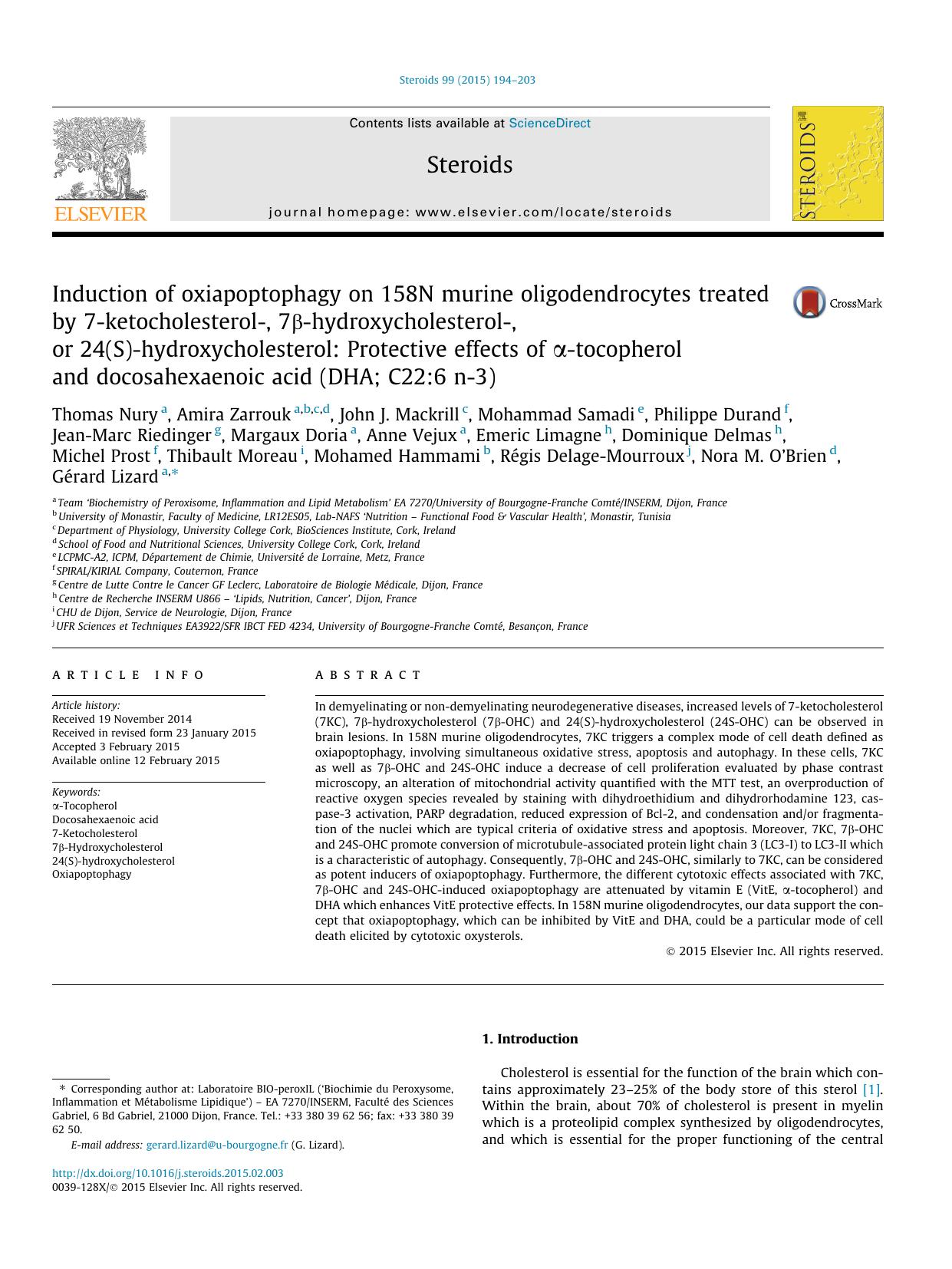 Induction of oxiapoptophagy on 158N murine oligodendrocytes treated by 7-ketocholesterol-, 7Î²-hydroxycholesterol-, or 24(S)-hydroxycholesterol: Protective effects of Î±-tocoph by unknow