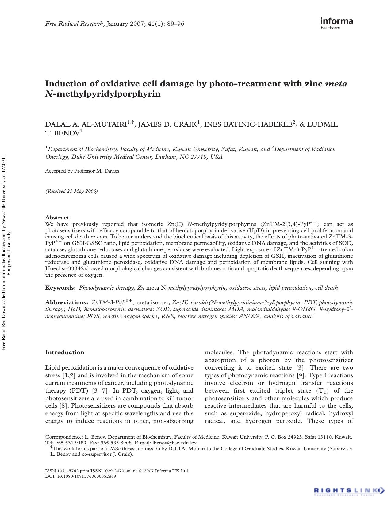 Induction of oxidative cell damage by photo-treatment with zinc meta N-methylpyridylporphyrin by unknow