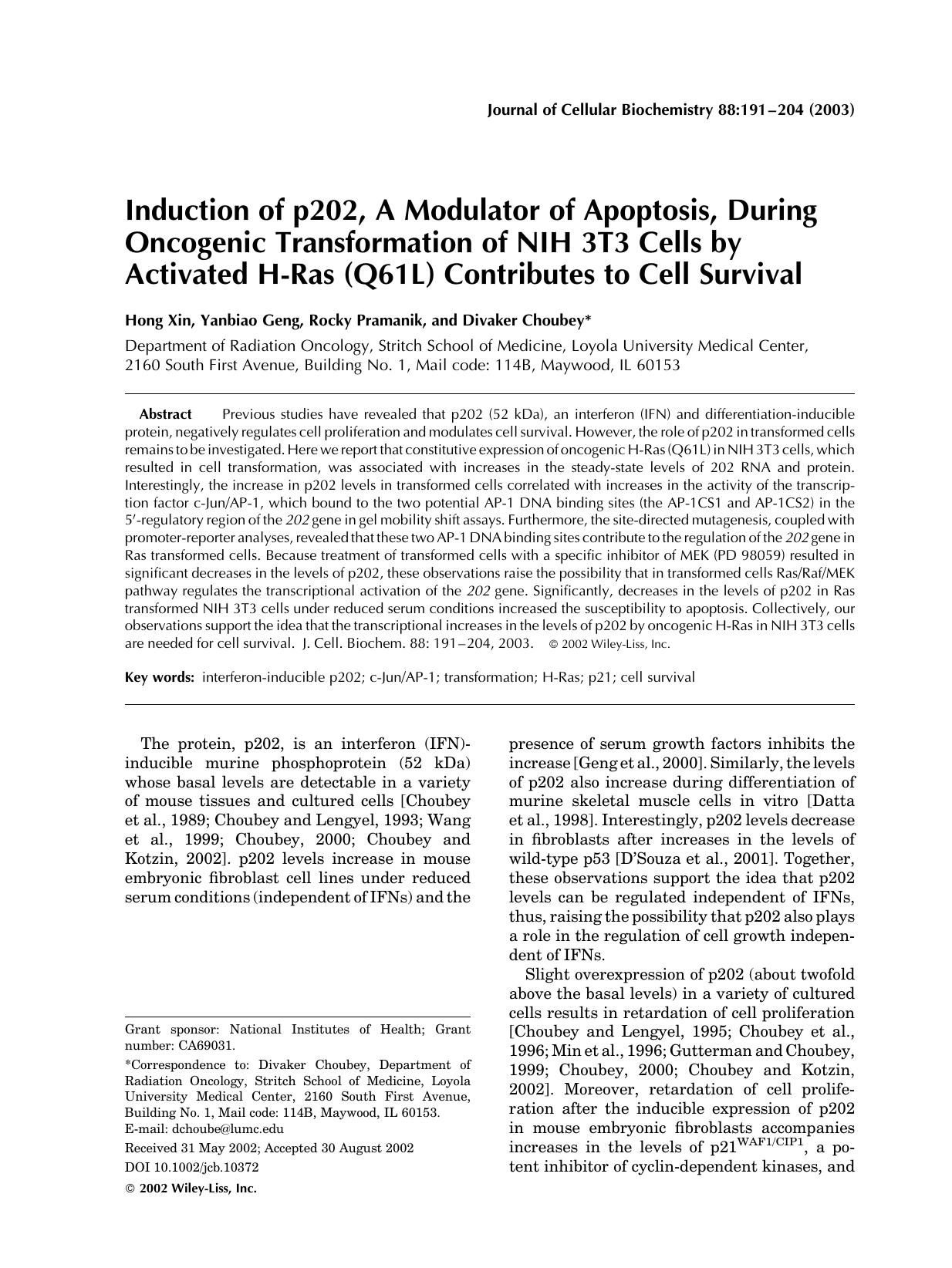 Induction of p202, a modulator of apoptosis, during oncogenic transformation of NIH 3T3 cells by activated H-Ras (Q61L) contributes to cell survival by Unknown