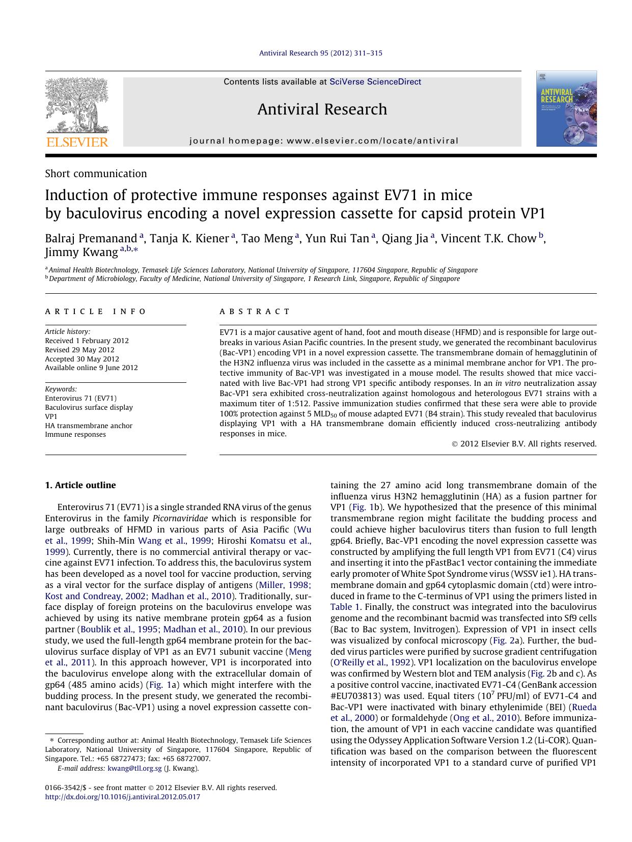 Induction of protective immune responses against EV71 in mice by baculovirus encoding a novel expression cassette for capsid protein VP1 by unknow